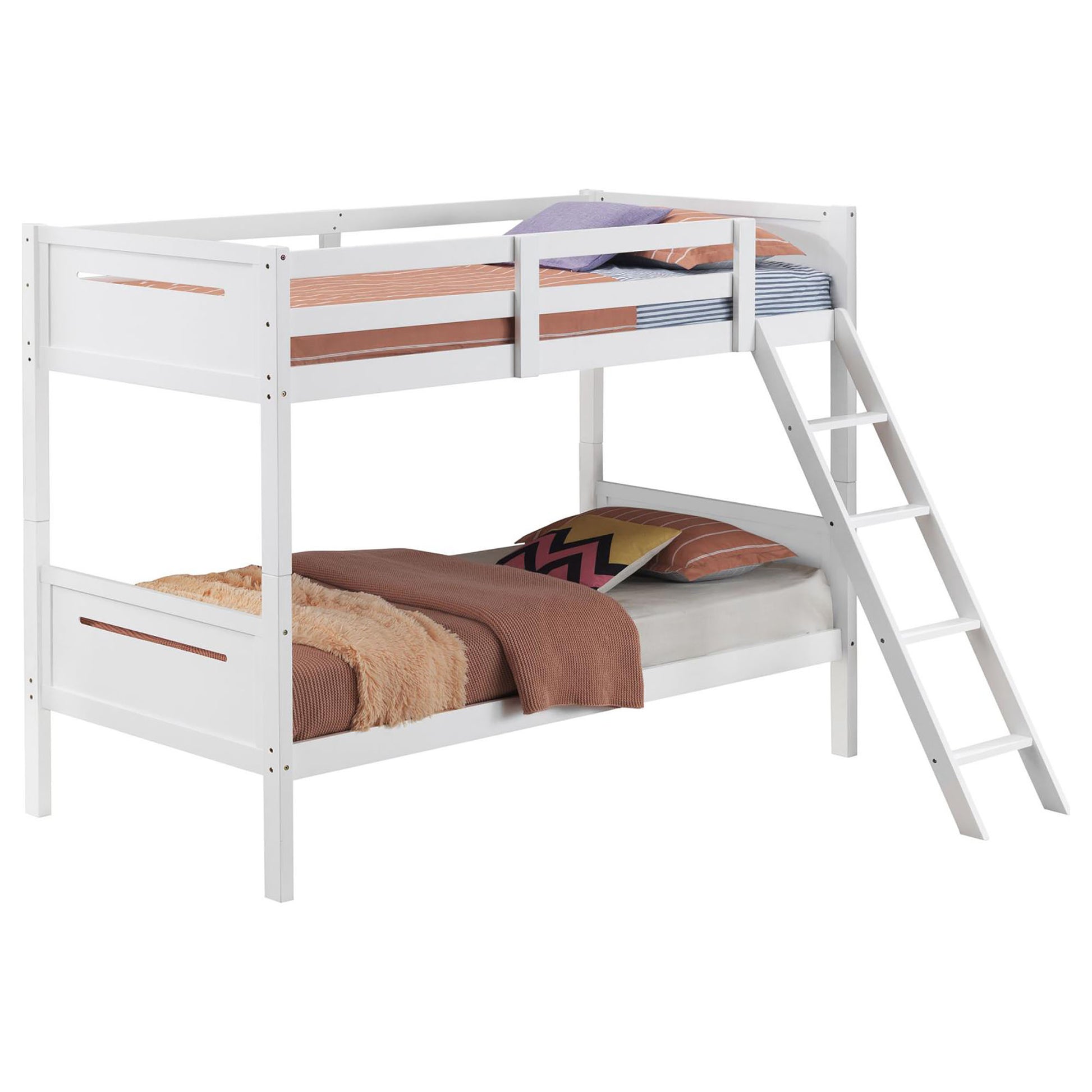 White Twin Twin Bunk Bed With Built In Ladder Twin White Wood White Bedroom Transitional Rubberwood Bunk Wood