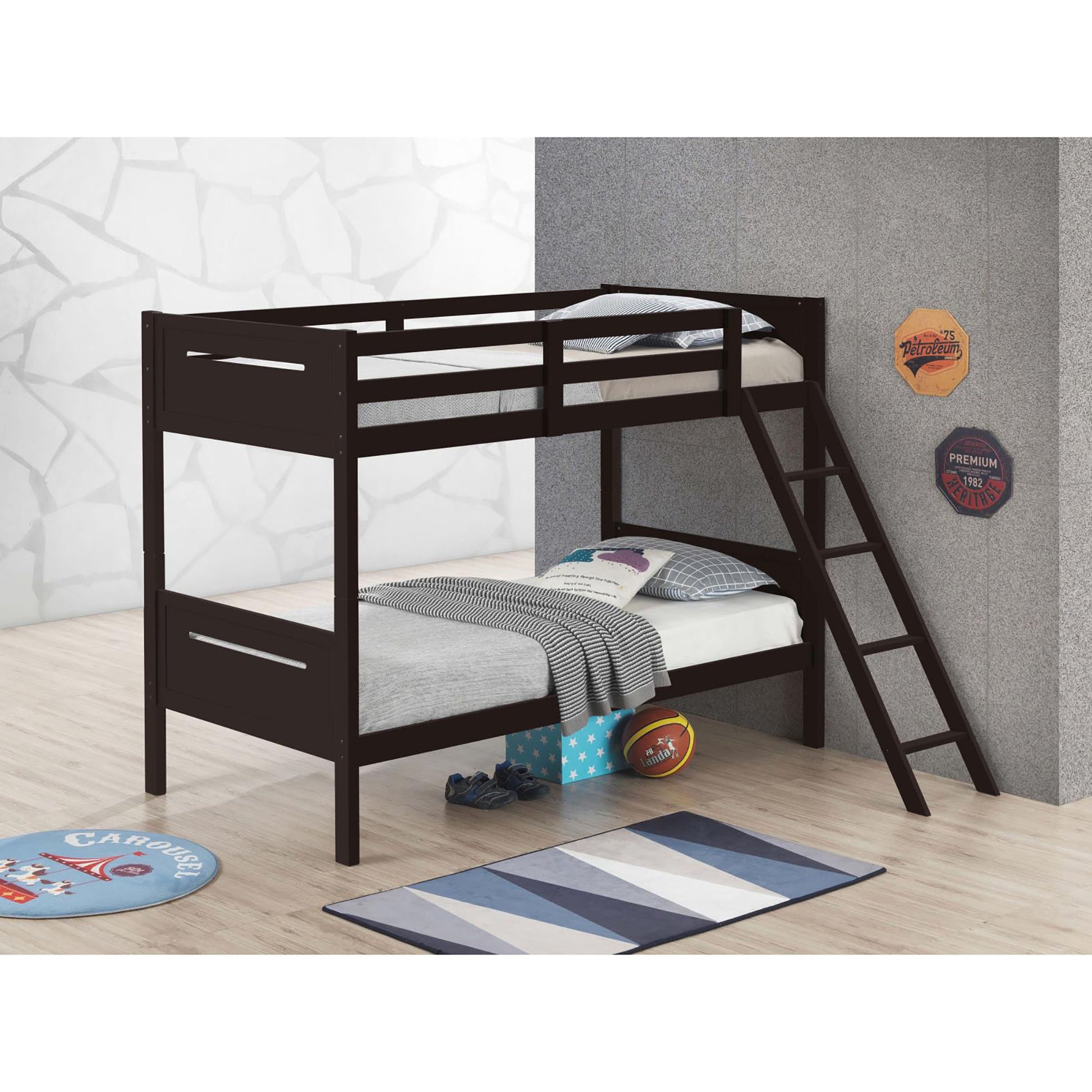 Espresso Twin Twin Bunk Bed With Built In Ladder Twin Brown Wood Espresso Bedroom Transitional Rubberwood Bunk Wood