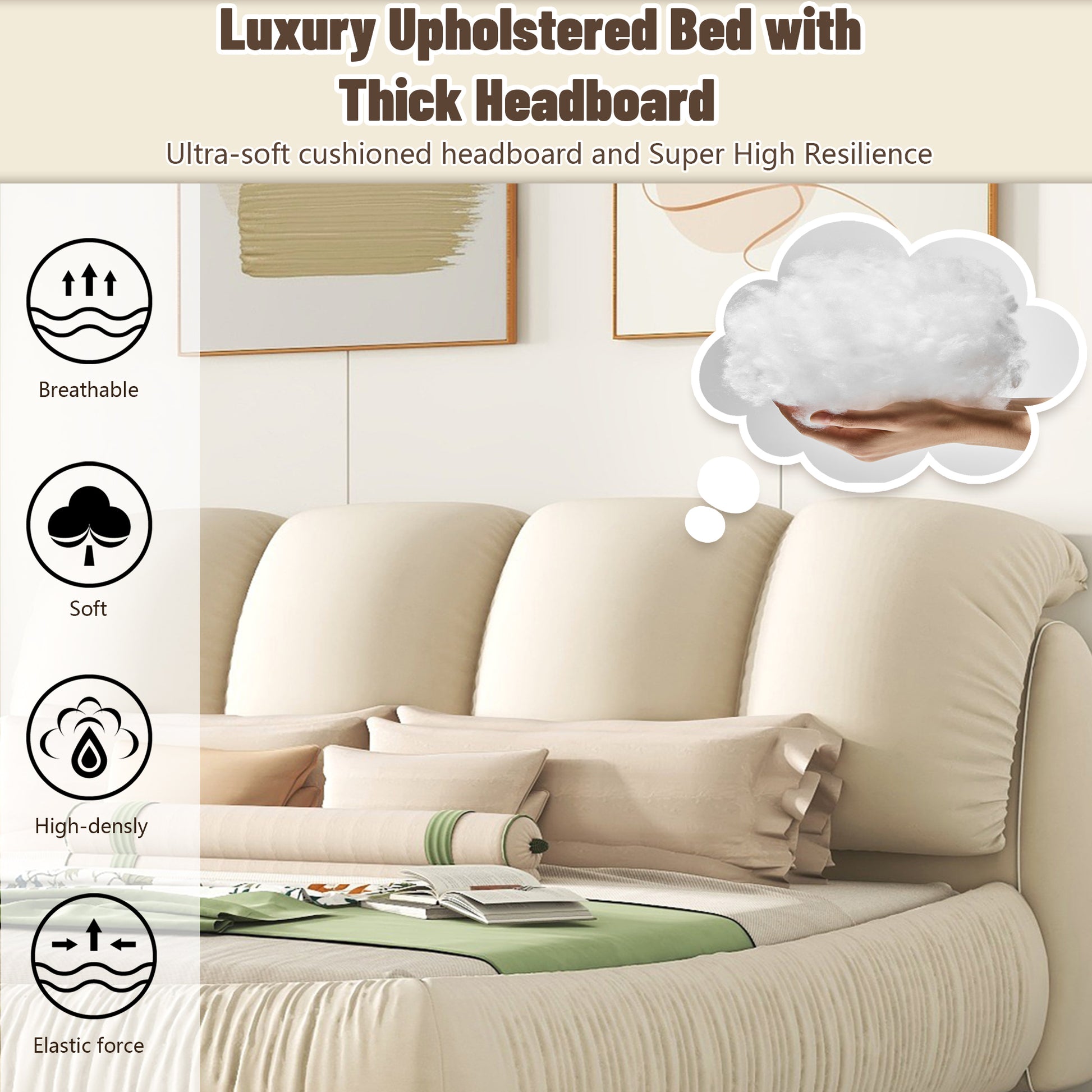 Queen Size Luxury Upholstered Bed With Thick Headboard, Velvet Queen Bed With Oversized Padded Backrest, Beige Expect Arrival Date 2024 4 9 Queen Beige Velvet