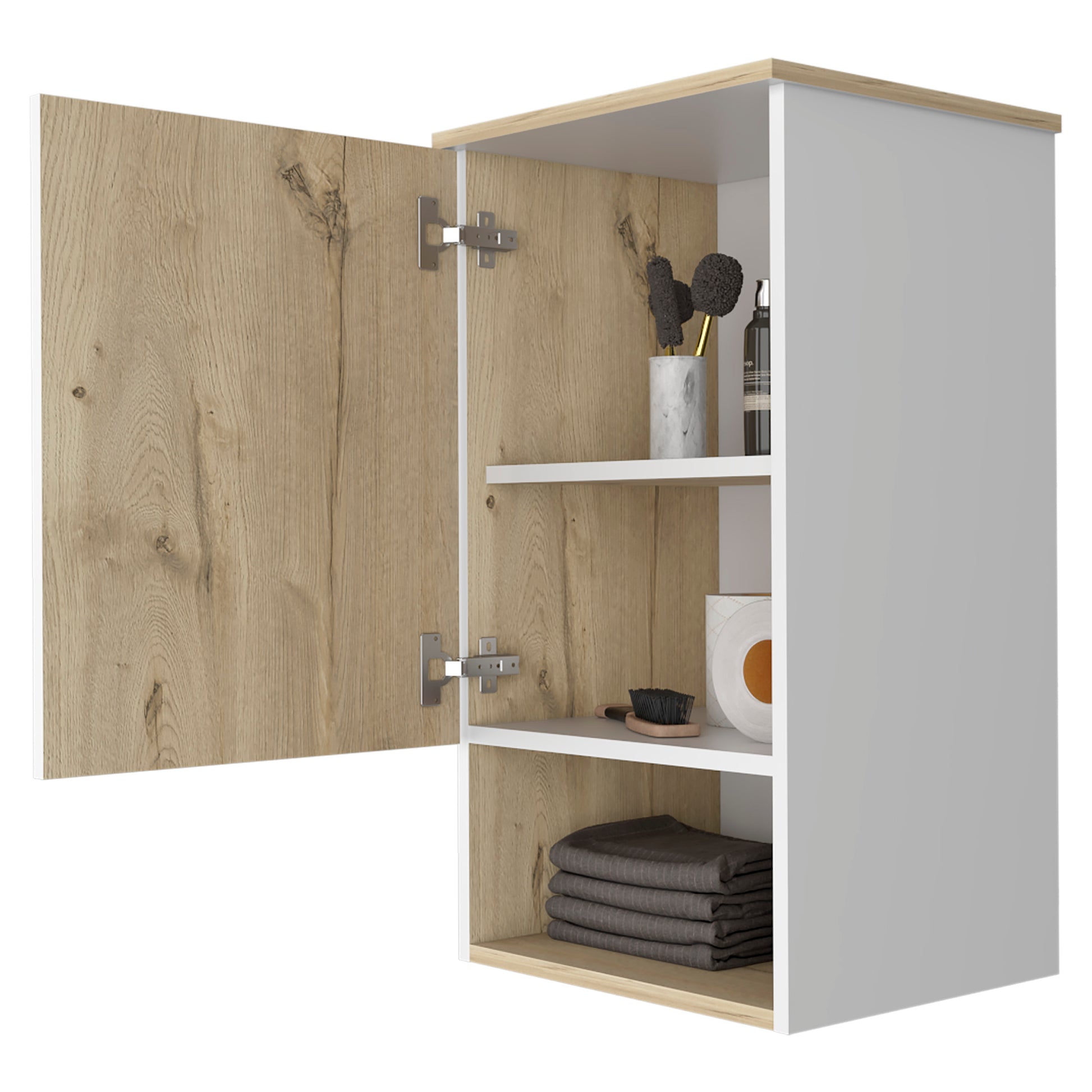 Medicine Single Door Cabinet 28" H, One Shelf, Two Interior Shelves, Light Oak White Multicolor Particle Board Particle Board