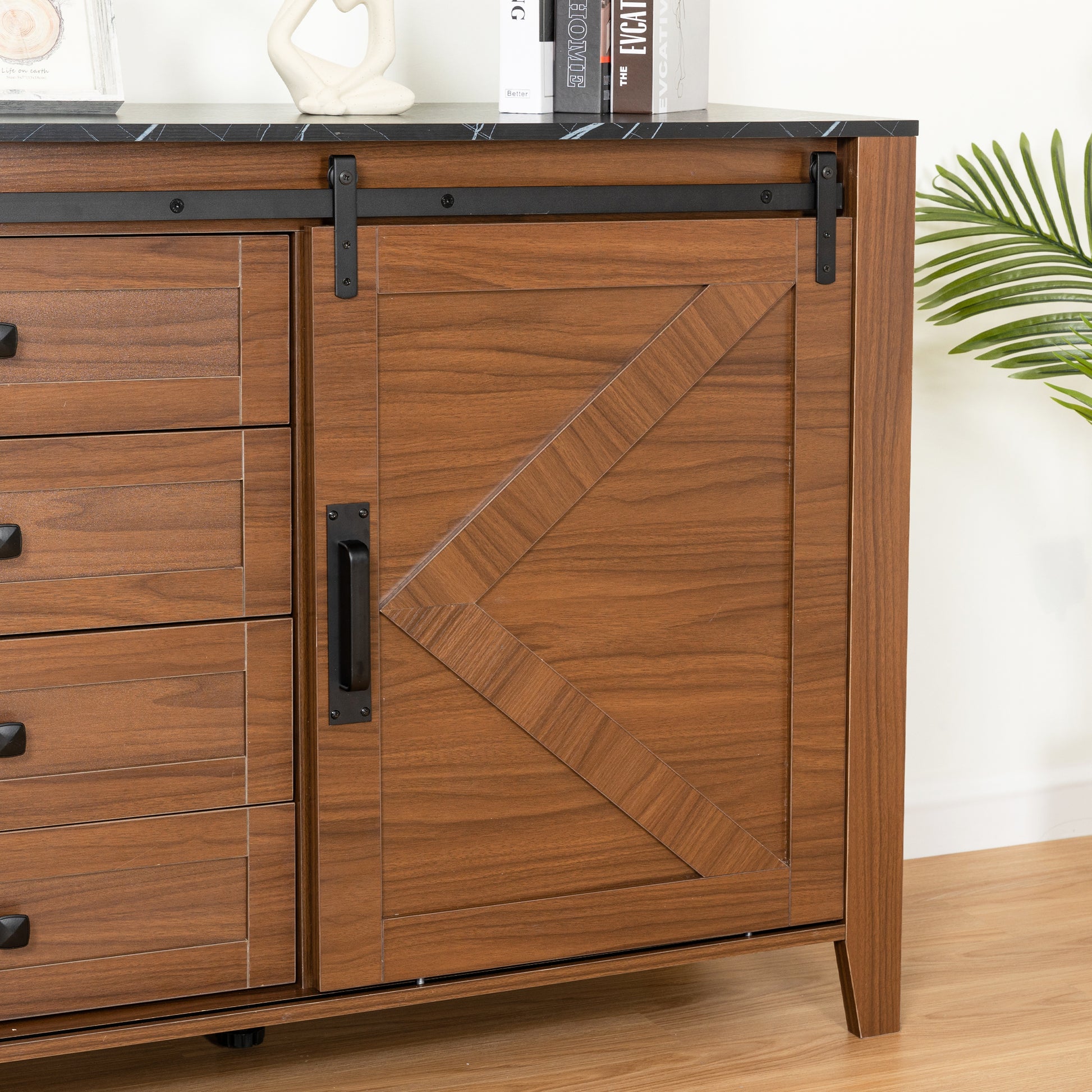 Drawer Dresser Cabinet,Sideboard,Bar Cabinet,Buffet Server Console,Table Storge Cabinets,Slide The Barn Door,Four Drawers,Metal Handle,For Dining Room,Living Room,Bedroom,Kitchen Hallway,Brown Black 3 4 Drawers Barn Door Brown Black Sliding Doors Primary