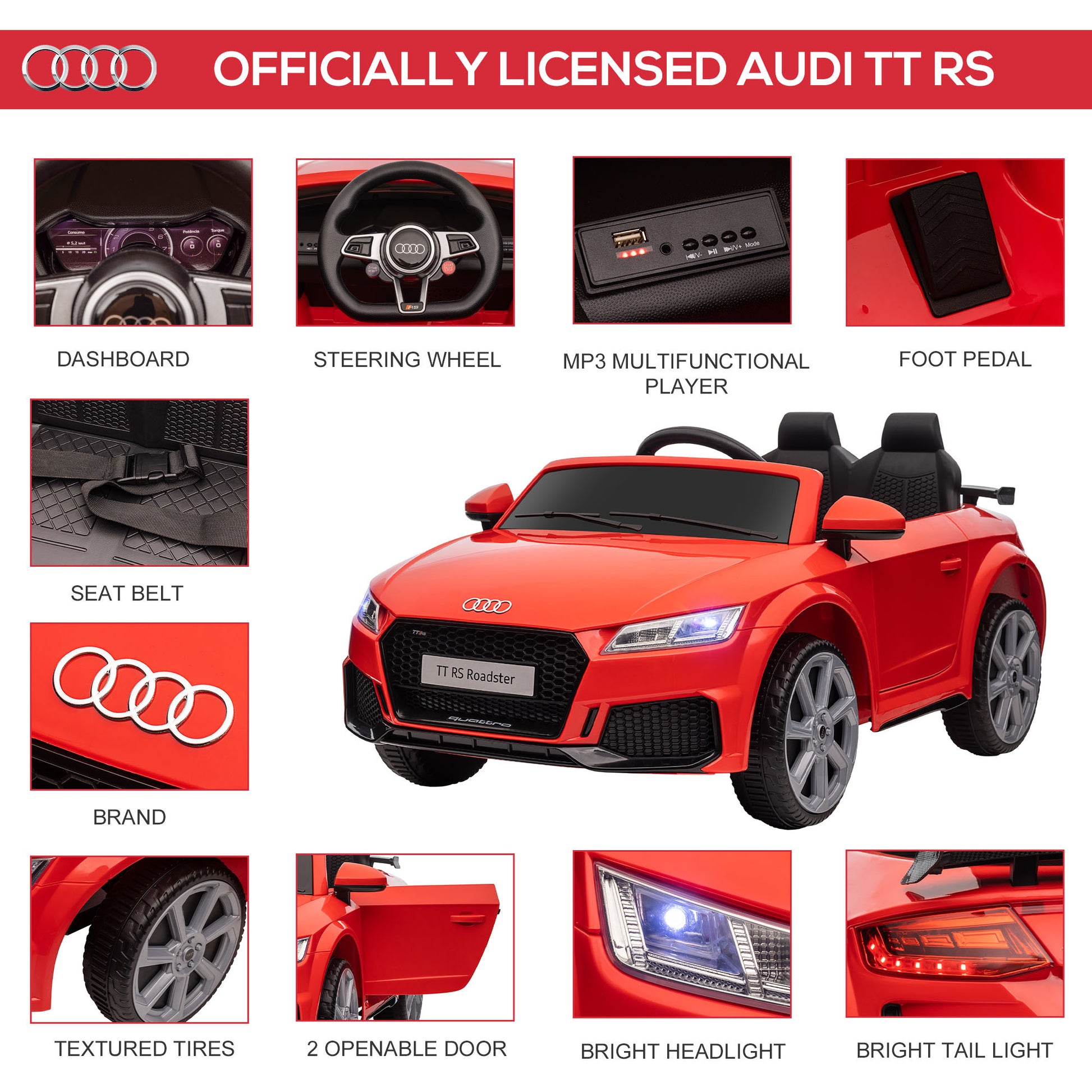 Aosom 6V Kids Electric Ride On Car, Licensed Audi Tt Rs With Suspension System And Remote Control, Horn, 5 Songs, Lights, Mp3 Player, Red Red Steel