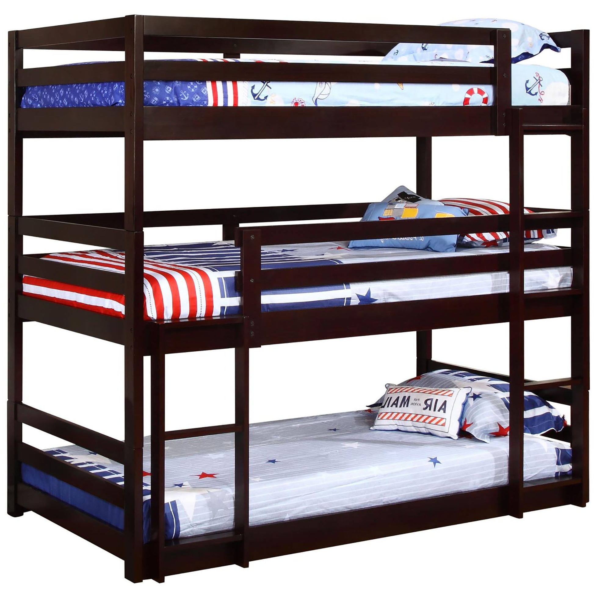 Cappuccino Triple Twin Bunk Bed Twin Brown Wood Bedroom Transitional Pine Bunk Wood