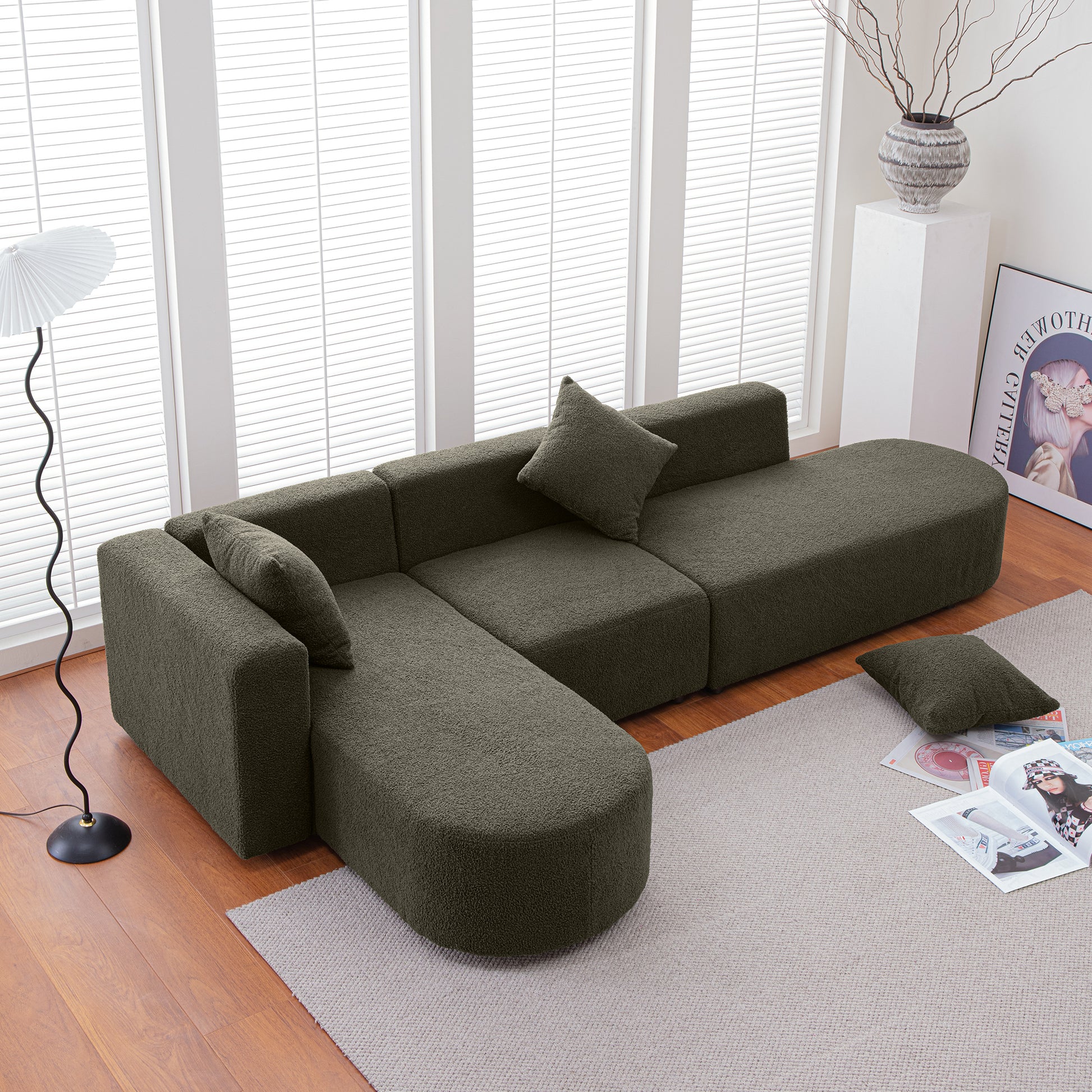 Modern Sectional L Shape Boucle Sofa With Curved Seat Facing Left Green Modern Foam Boucle