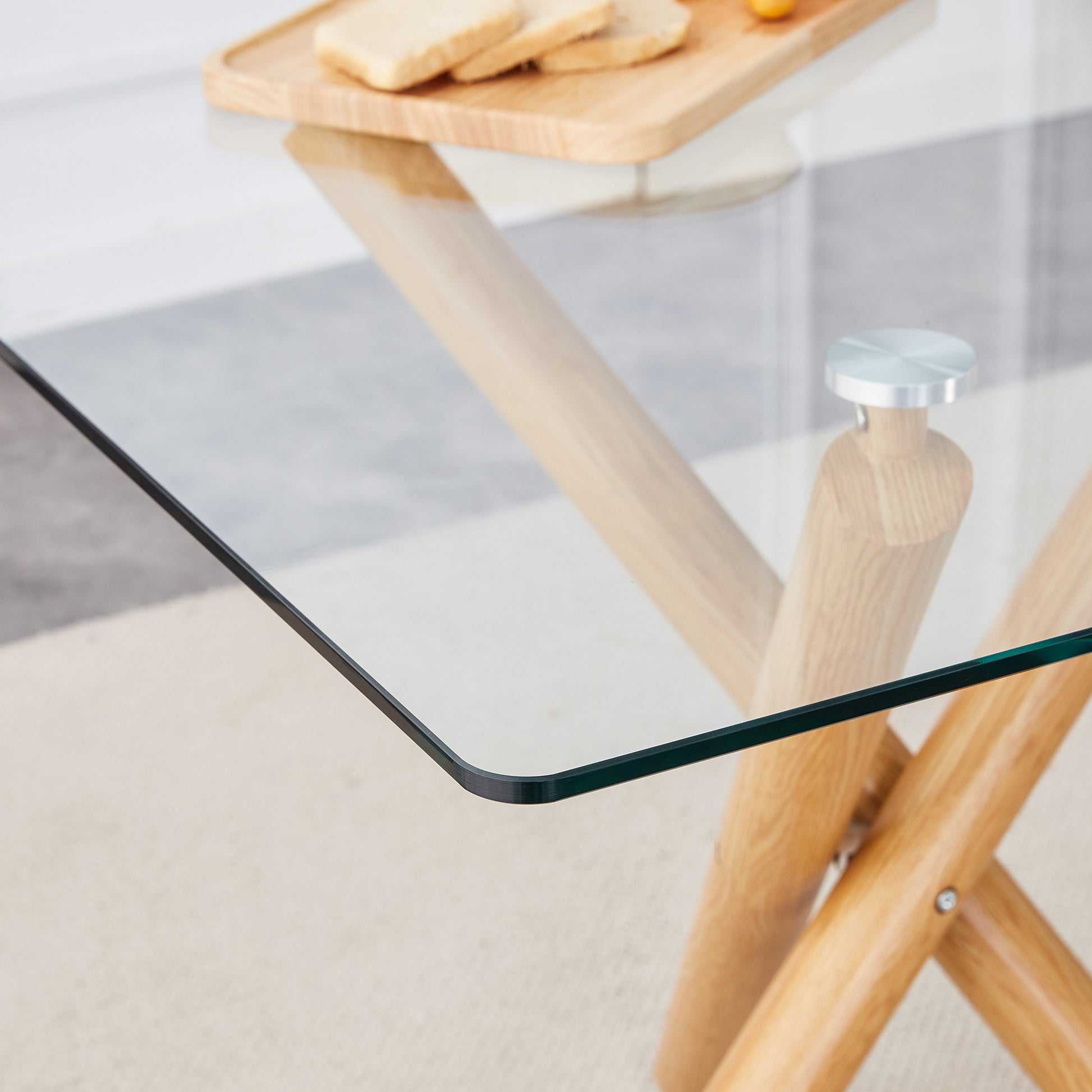 1 Table And 4 Chairs. Glass Dining Table With 0.39 "Tempered Glass Tabletop And Wooden Metal Legs.Grey Puleather High Backrest Soft Padded Side Chair With Wooden Color C Shaped Tube Chrome Metal Leg Transparent Glass