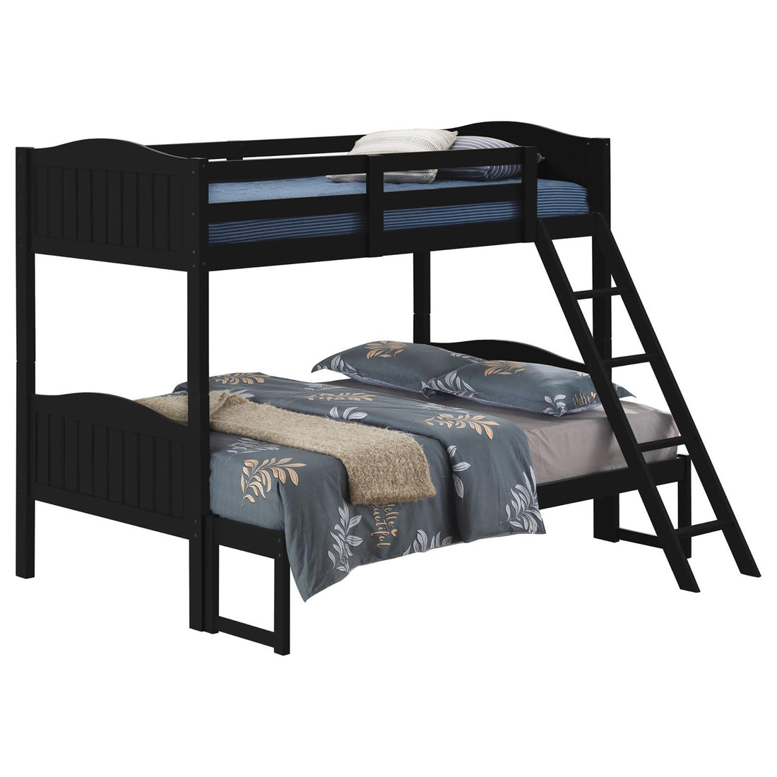 Black Twin Full Bunk Bed With Arched Headboard Black Wood Bedroom Transitional Rubberwood Bunk Wood