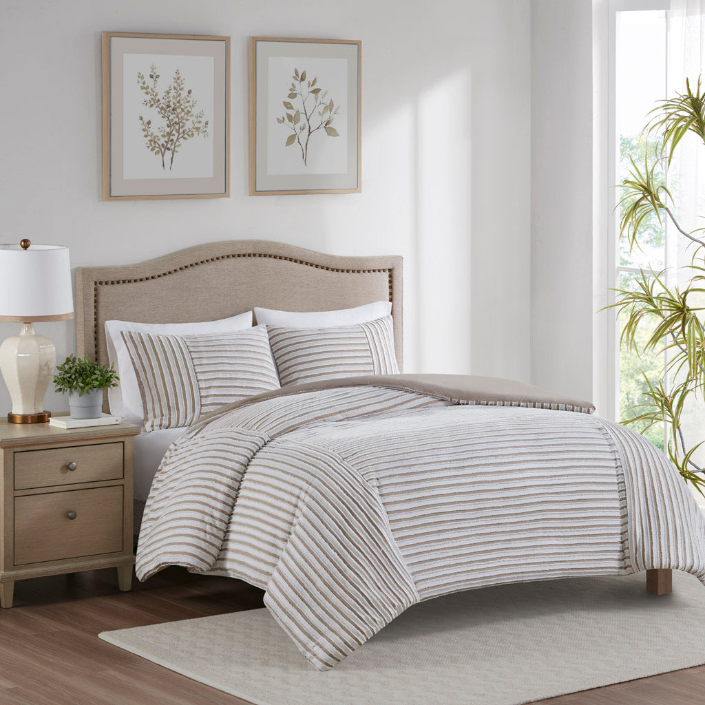 3 Piece Clipped Jacquard Duvet Cover Set Natural Polyester