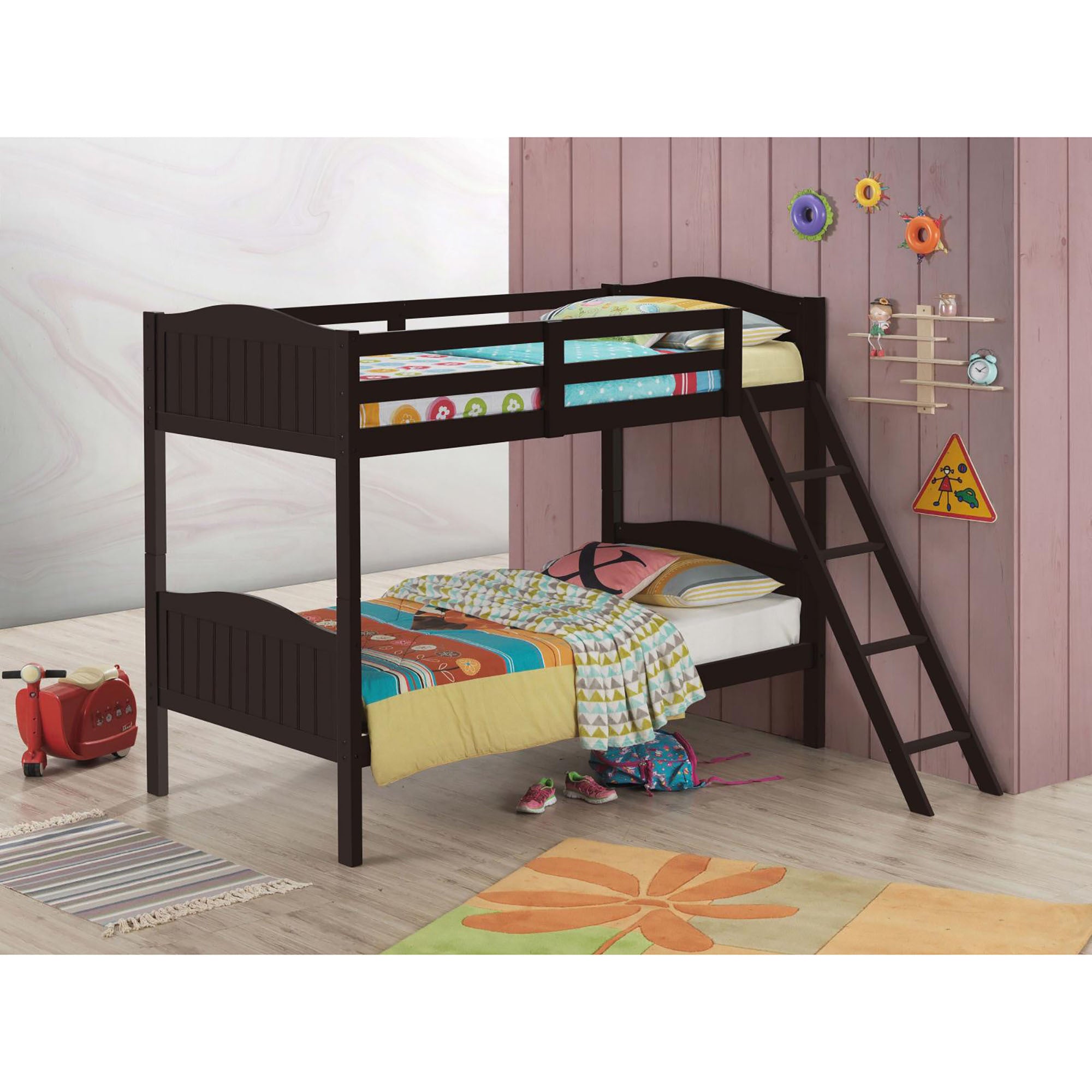 Espresso Twin Twin Bunk Bed With Arched Headboard Twin Brown Wood Espresso Bedroom Transitional Rubberwood Bunk Wood