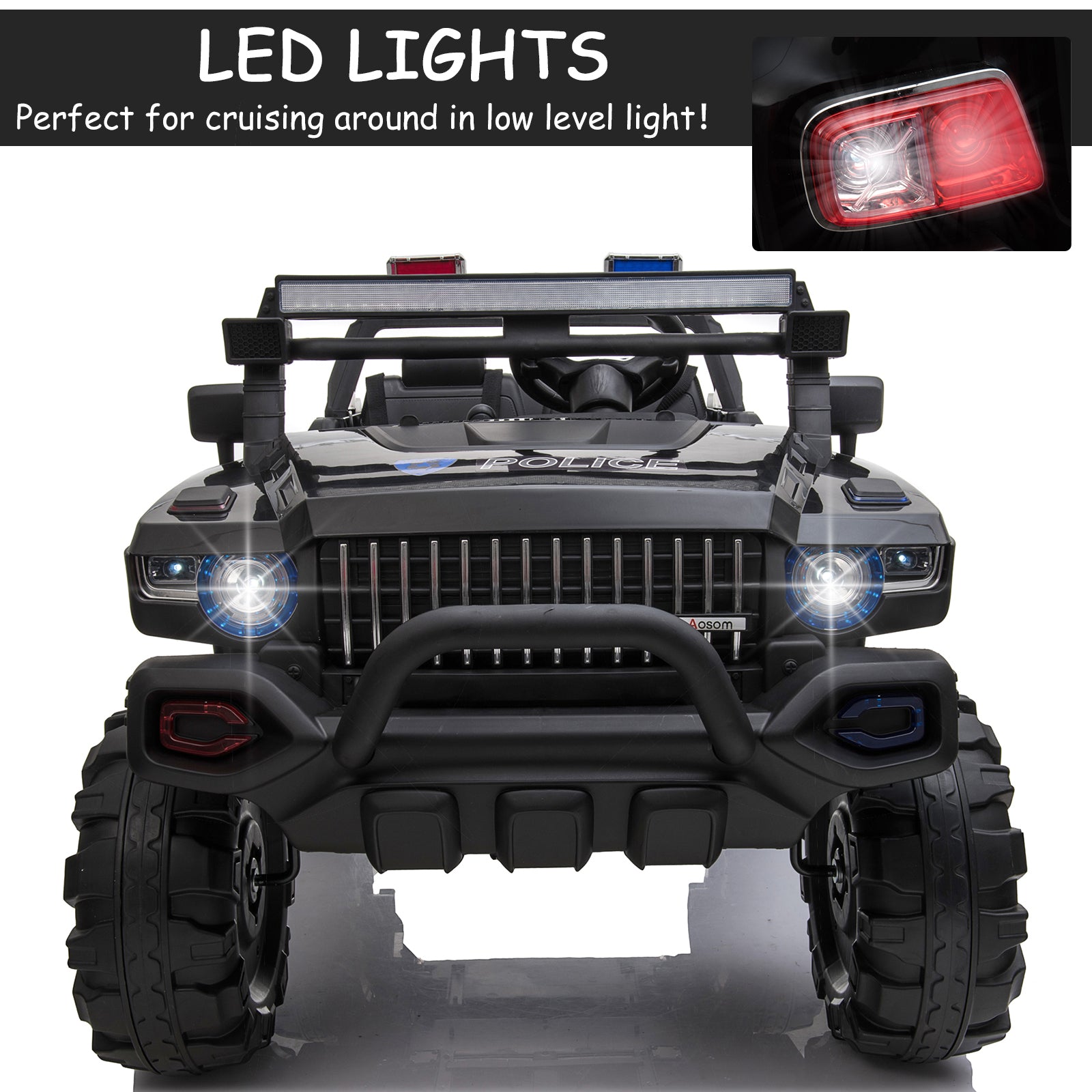 Aosom Big Size 53"L 2 Seater 12V Police Car Ride On Truck With Remote Control And Siren, Battery Operated Electric Car For Kids With Suspension, Mp3 Player, Lights, Music, Horn, Black Black Steel