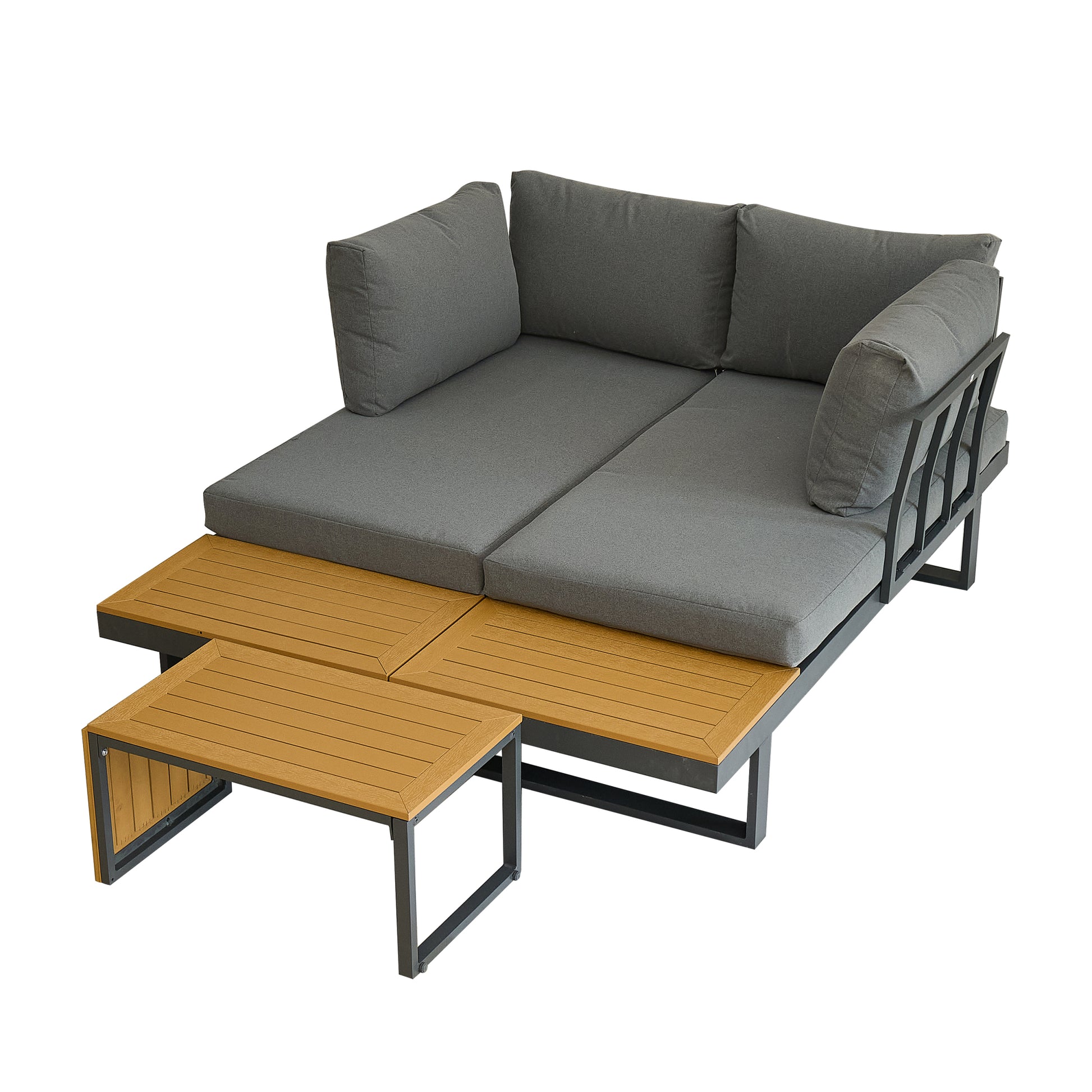 Aluminum Patio Furniture Set, Outdoor L Shaped Sectional Sofa With Plastic Wood Side Table And Soft Cushion For Backyard Poolside Gray Yellow Aluminum