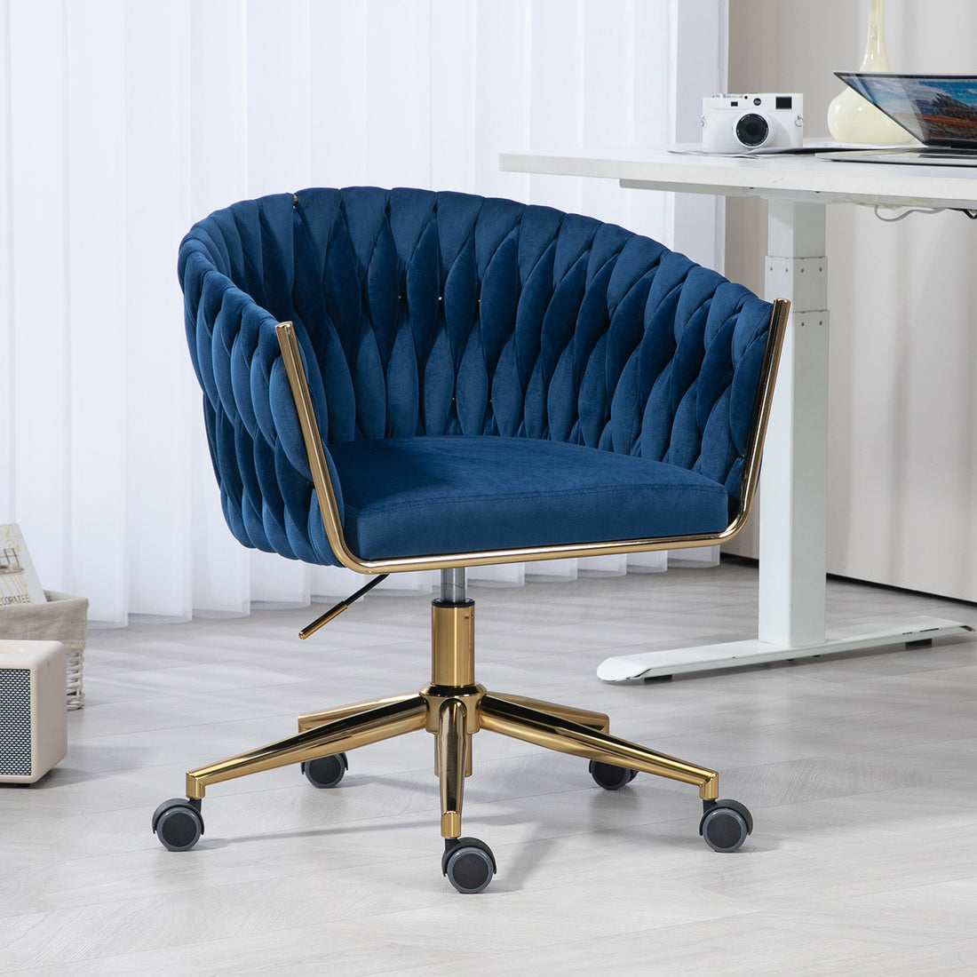 Modern Design The Backrest Is Hand Made Woven Office Chair,Vanity Chairs With Wheels,Height Adjustable,360 Swivel For Bedroom, Living Room Blue Blue Bedroom Foam Modern Office Chairs Foam Velvet