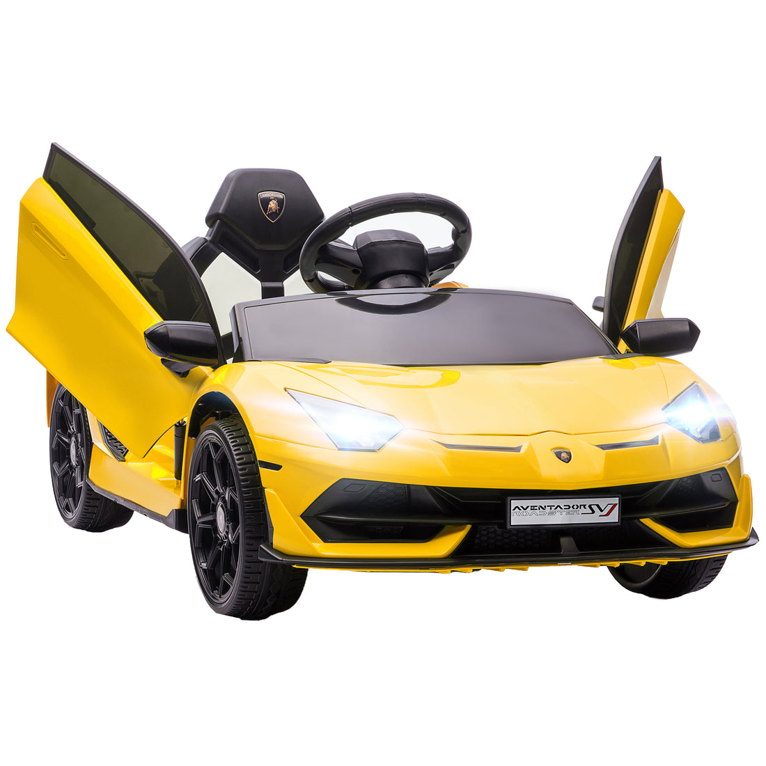 Aosom Lamborghini Aventador Licensed Kids Ride On Car With Scissor Doors, Easy Transport, 12V Electric Car For Kids With Remote Control, Suspension System, Horn, Music, Lights, Yellow Yellow Steel