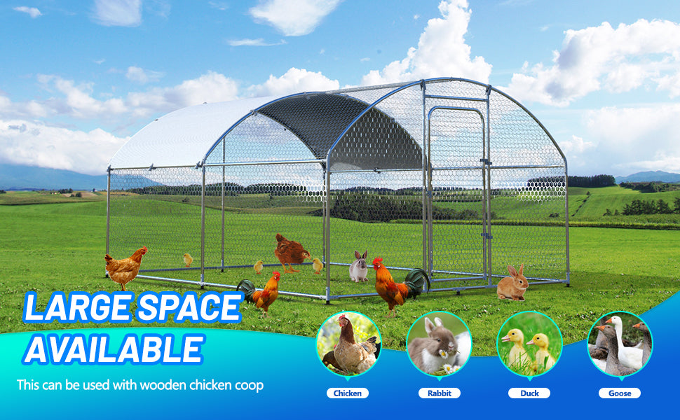 Metal Large Chicken Coop Walk In Poultry Cage Large Chicken Run Arc Shaped Cage With Waterproof Anti Ultravioletcover, 1.00" Diameter Tube 9.8' L X 13.1' W X 6.4' H Silver Steel