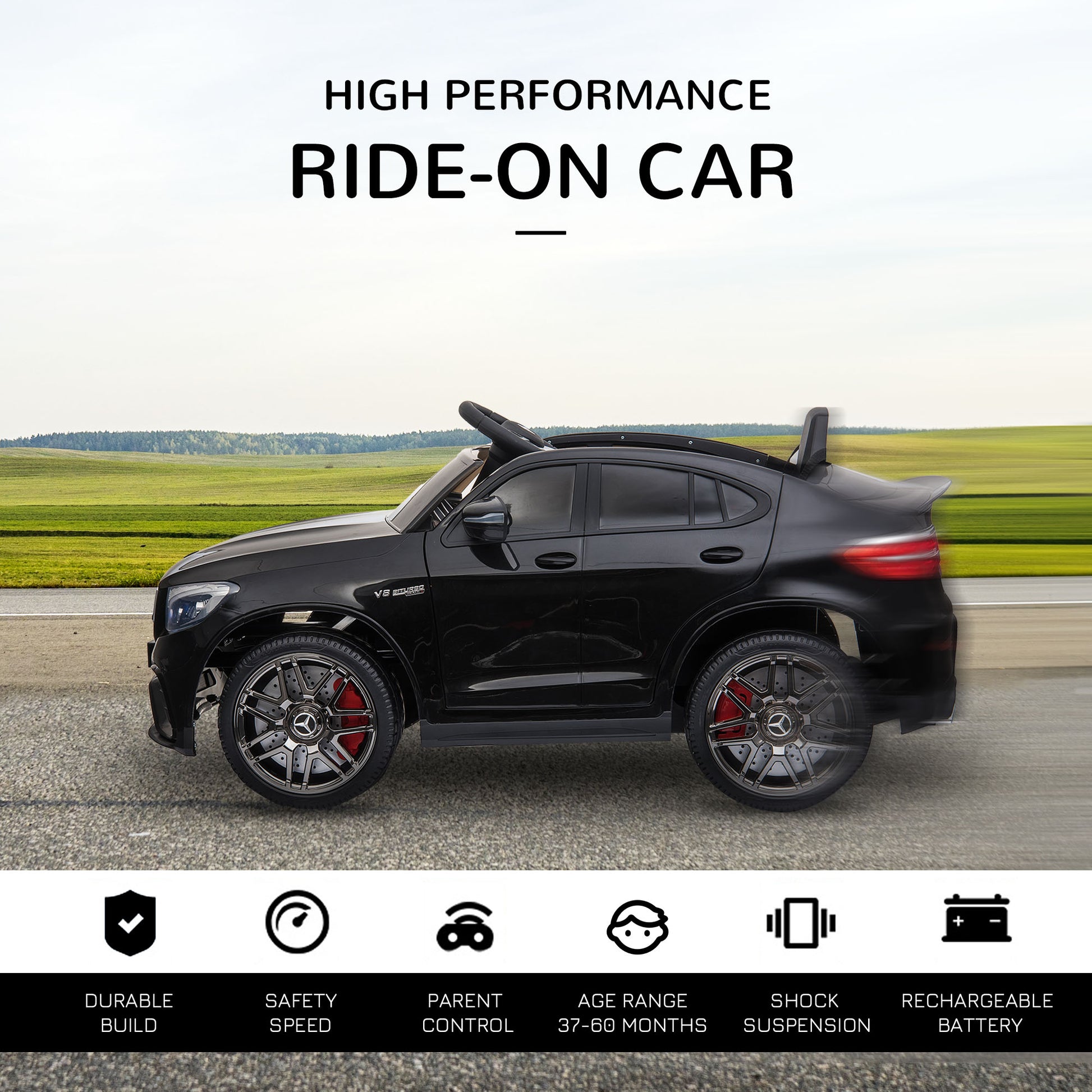 Aosom 12V Toddler Ride On Car With Remote Control, Mercedes Benz Amg Glc63S Coupe, Electric Car With 2 Speed, Mp3 Player, Light, Horn, Songs, Suspension, Black Black Steel