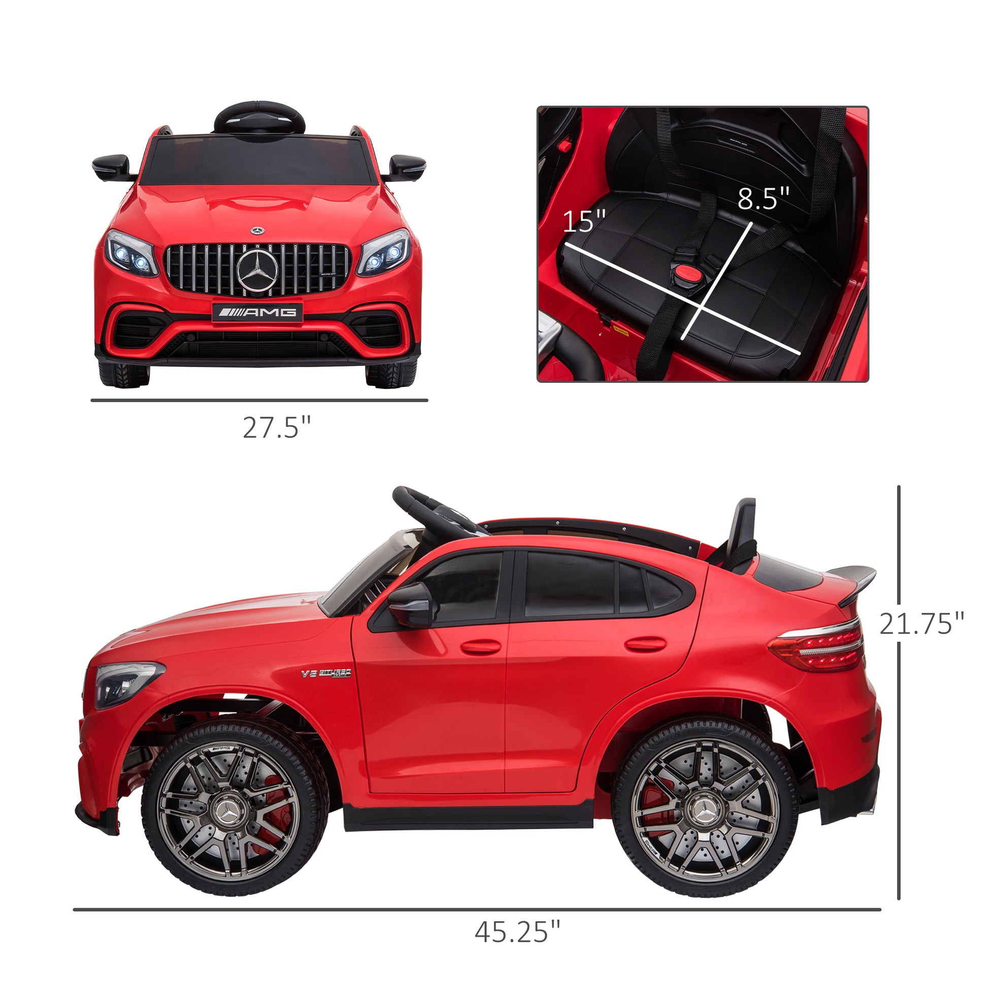 Aosom 12V Toddler Ride On Car With Remote Control, Mercedes Benz Amg Glc63S Coupe, Electric Car With 2 Speed, Mp3 Player, Light, Horn, Songs, Suspension, Red Red Steel