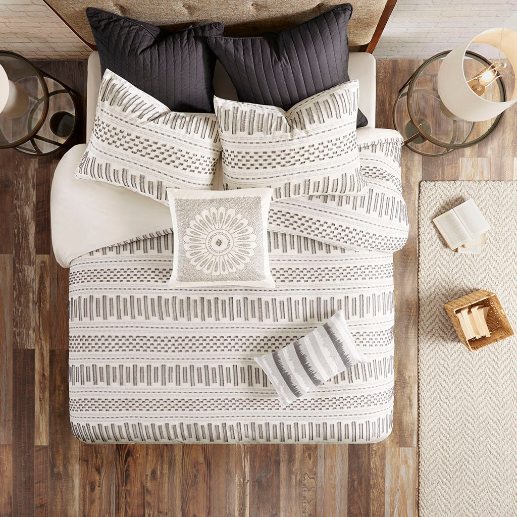 Cotton Jacquard Duvet Cover Mini Set King Ivory Charcoal Cotton