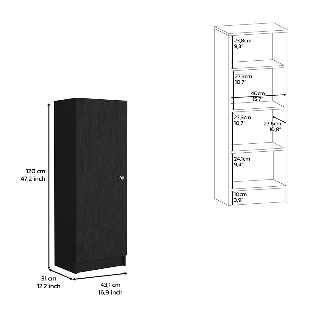 Kitchen Pantry 47" H, One Door Cabinet, Four Interior Shelves, Black Black Particle Board Particle Board