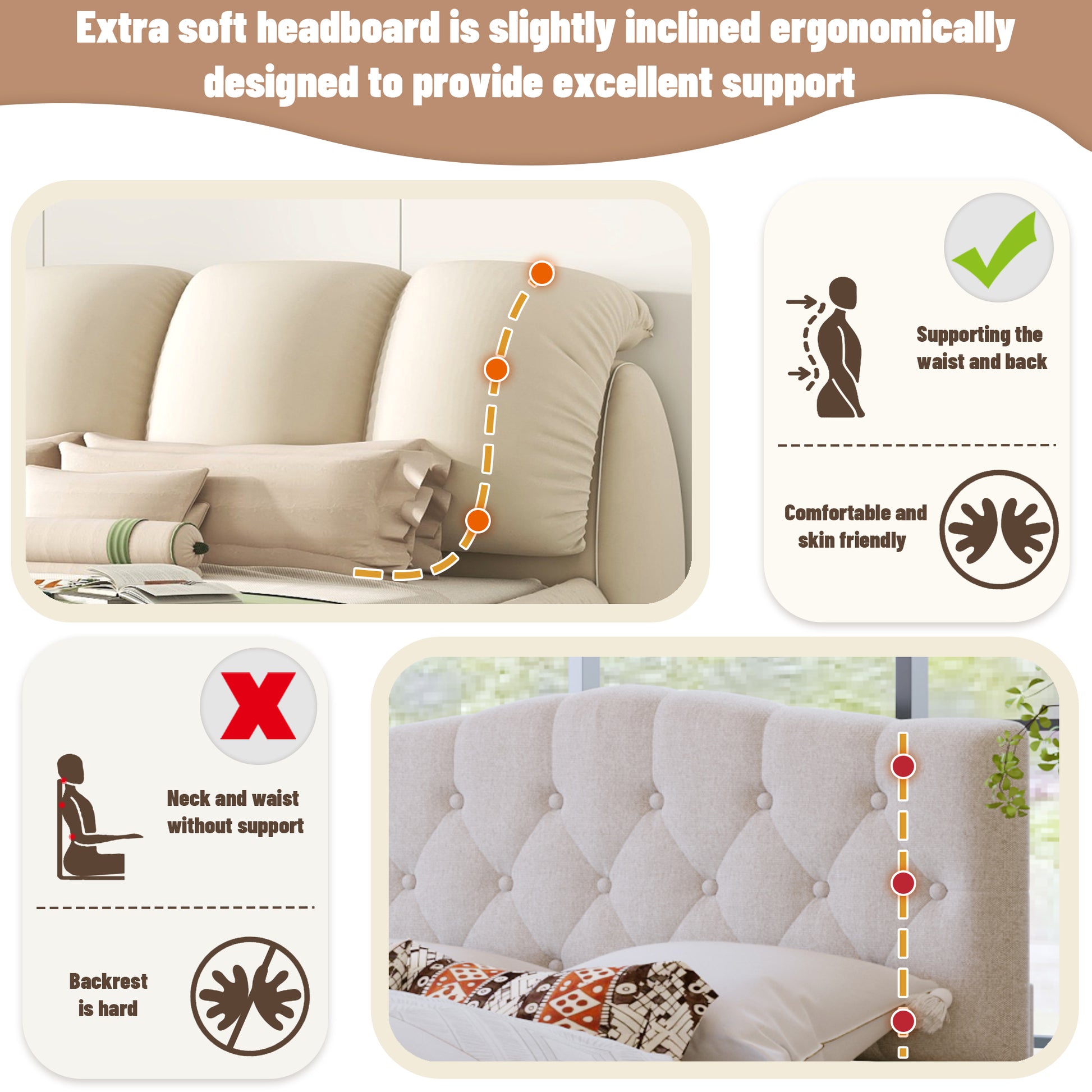 Queen Size Luxury Upholstered Bed With Thick Headboard, Velvet Queen Bed With Oversized Padded Backrest, Beige Expect Arrival Date 2024 4 9 Queen Beige Velvet