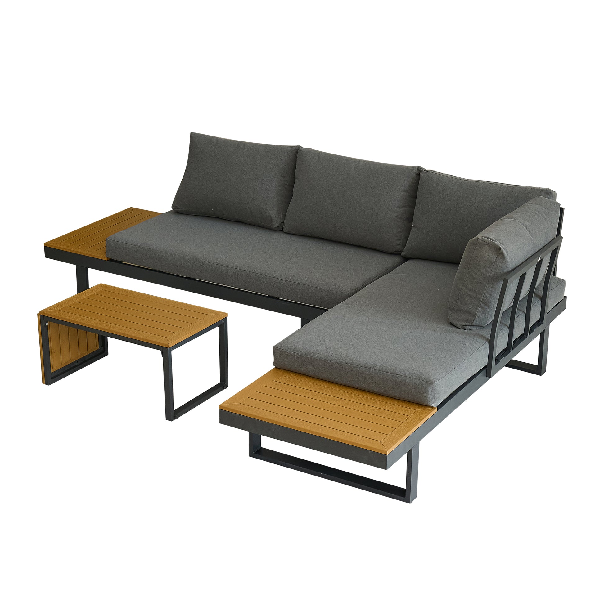 Aluminum Patio Furniture Set, Outdoor L Shaped Sectional Sofa With Plastic Wood Side Table And Soft Cushion For Backyard Poolside Gray Yellow Aluminum