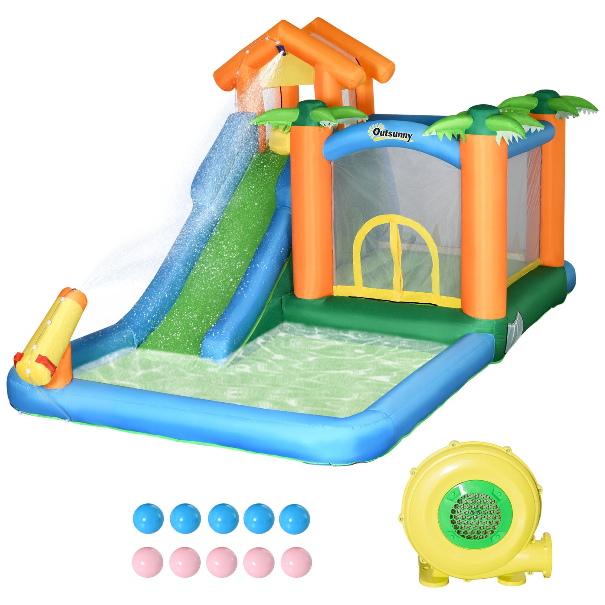 Outsunny 6 In 1 Tropical Inflatable Water Slide Summer Theme Jumping Castle Includes Floating Ball Slide Trampoline Pool Cannon Climbing Wall With Carry Bag, Repair Patches And 450W Air Blower Multicolor Fabric