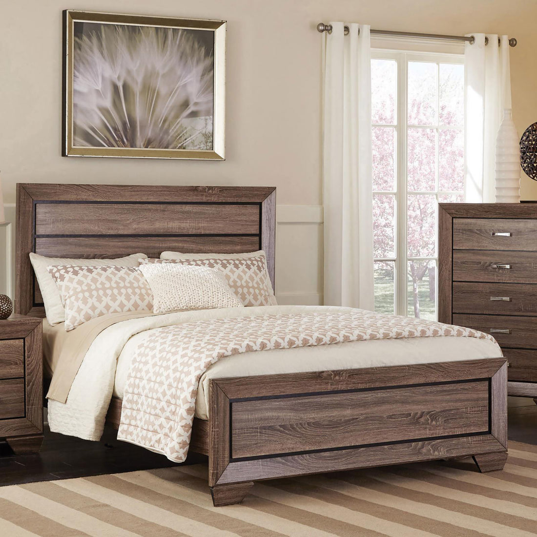 Washed Taupe Queen Panel Bed Box Spring Required Queen Brown Wood Bedroom Transitional Rubberwood Panel Wood