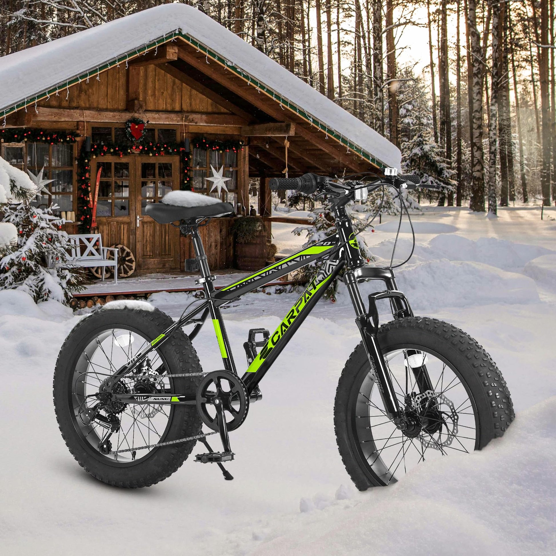 S20109 Kids' Bike 20 Inch Wheels Fat Tire Bike, 4" Wide Fat Tire Snow Mountain Bike Ages 8 12 Year Old, Steel Frame, 7 Speed Teenager Children Kids' Bicycles Cycling Blackish Green Without Durable Garden & Outdoor Modern,Sporty Multifunctional