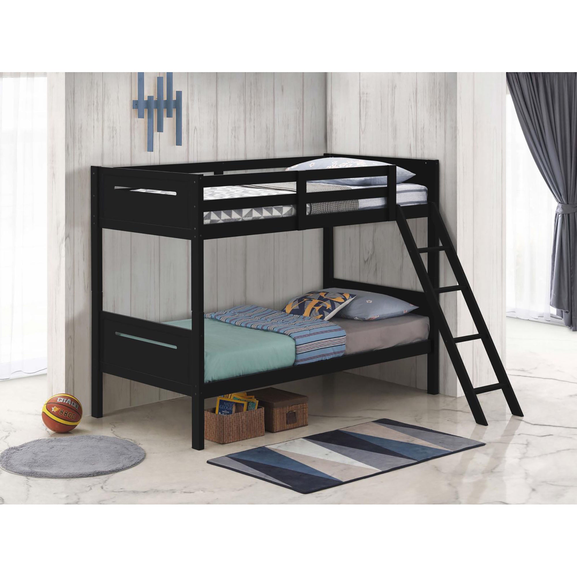 Black Twin Twin Bunk Bed With Built In Ladder Twin Black Wood Bedroom Transitional Rubberwood Bunk Wood