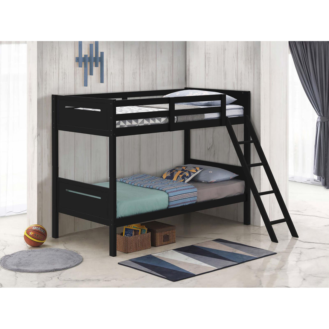 Black Twin Twin Bunk Bed With Built In Ladder Twin Black Wood Bedroom Transitional Rubberwood Bunk Wood