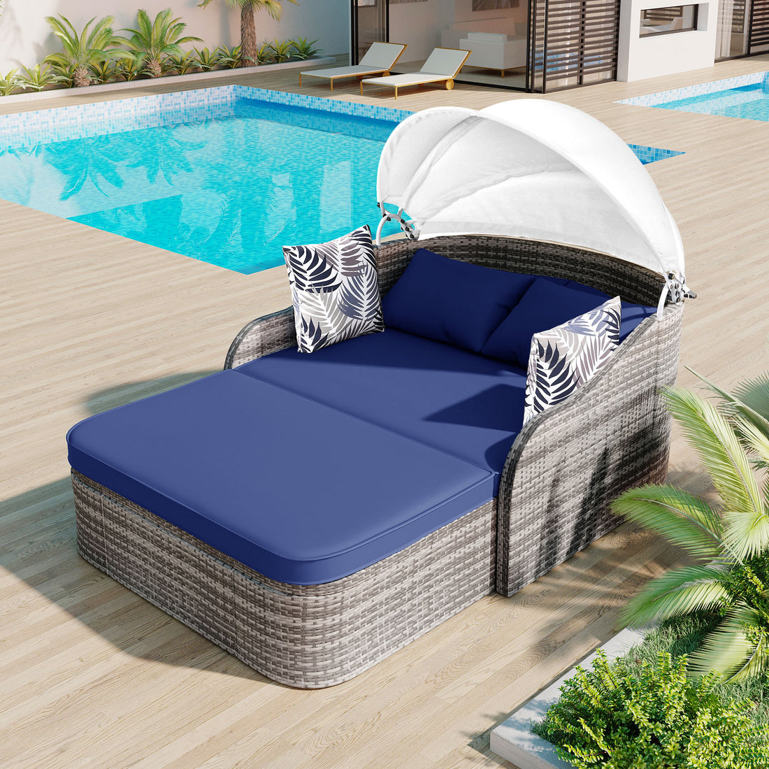 79.9" Outdoor Sunbed With Adjustable Canopy, Daybed With Pillows, Double Lounge, Pe Rattan Daybed, Gray Wicker And Blue Cushion Yes Blue Grey Garden & Outdoor Wicker