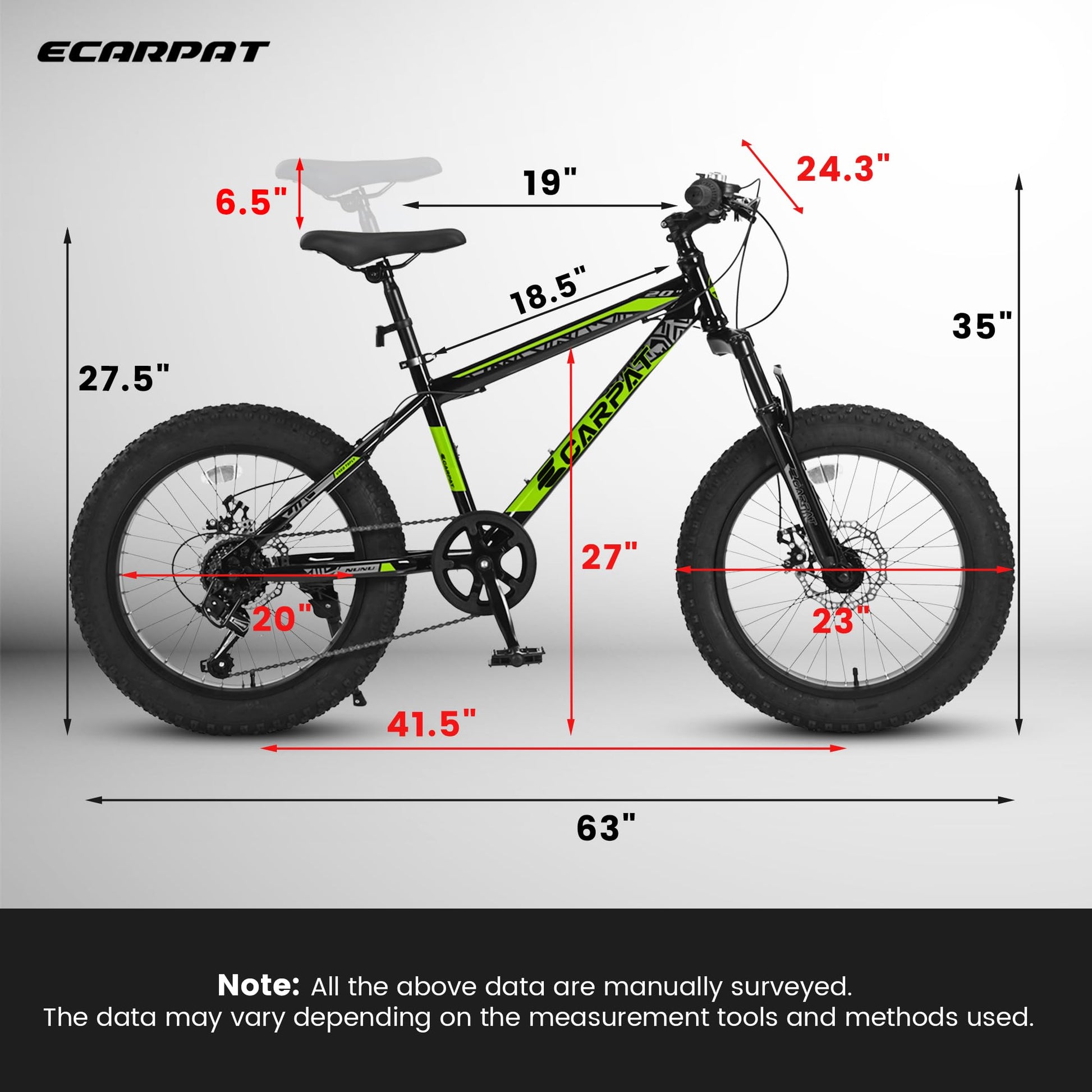 S20109 Kids' Bike 20 Inch Wheels Fat Tire Bike, 4" Wide Fat Tire Snow Mountain Bike Ages 8 12 Year Old, Steel Frame, 7 Speed Teenager Children Kids' Bicycles Cycling Blackish Green Without Durable Garden & Outdoor Modern,Sporty Multifunctional