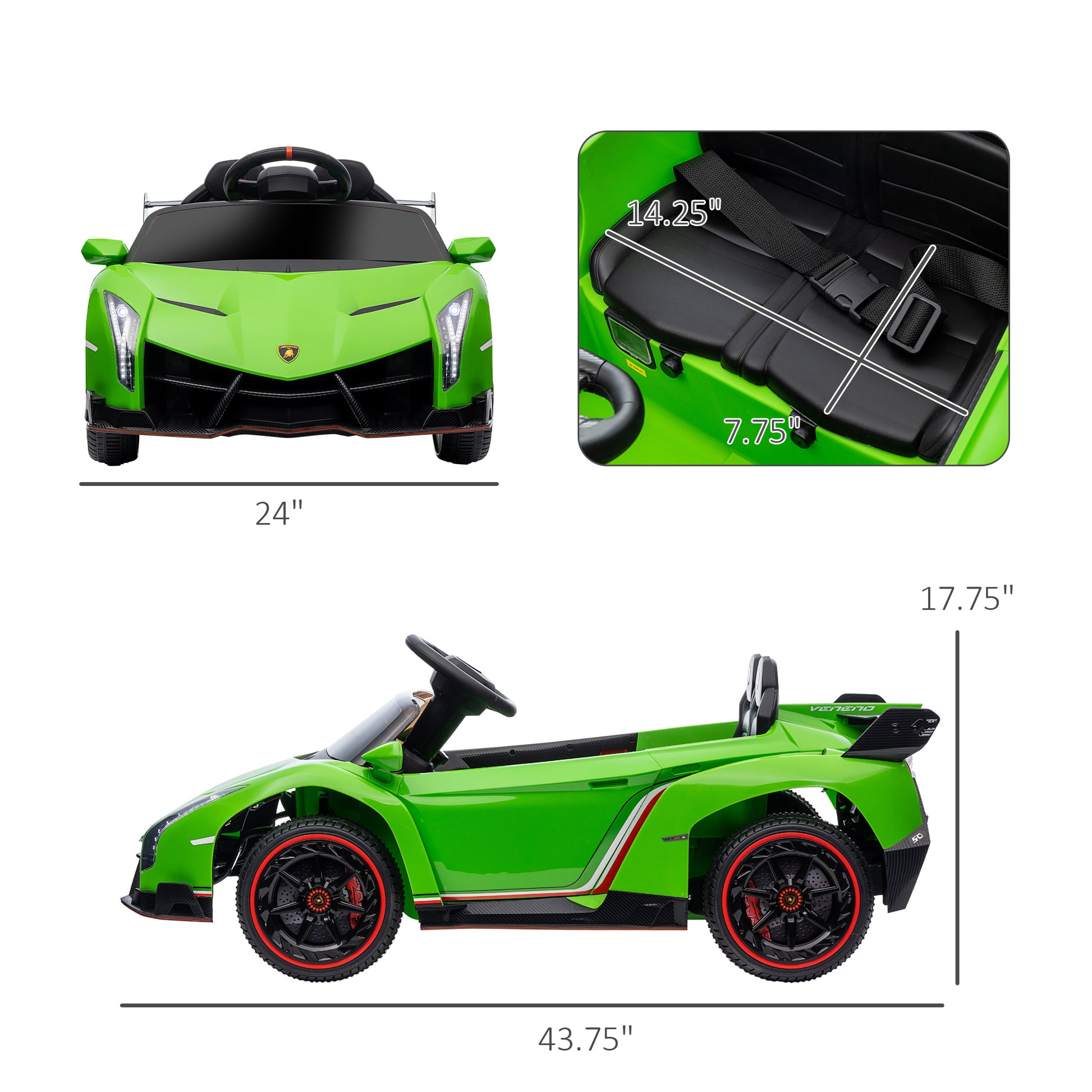 Aosom Lamborghini Veneno Licensed Kids Electric Car With Bluetooth, 12V Ride On Car With Butterfly Doors, Remote Control, Suspension System, Horn, Songs, Lights, Green Green Steel