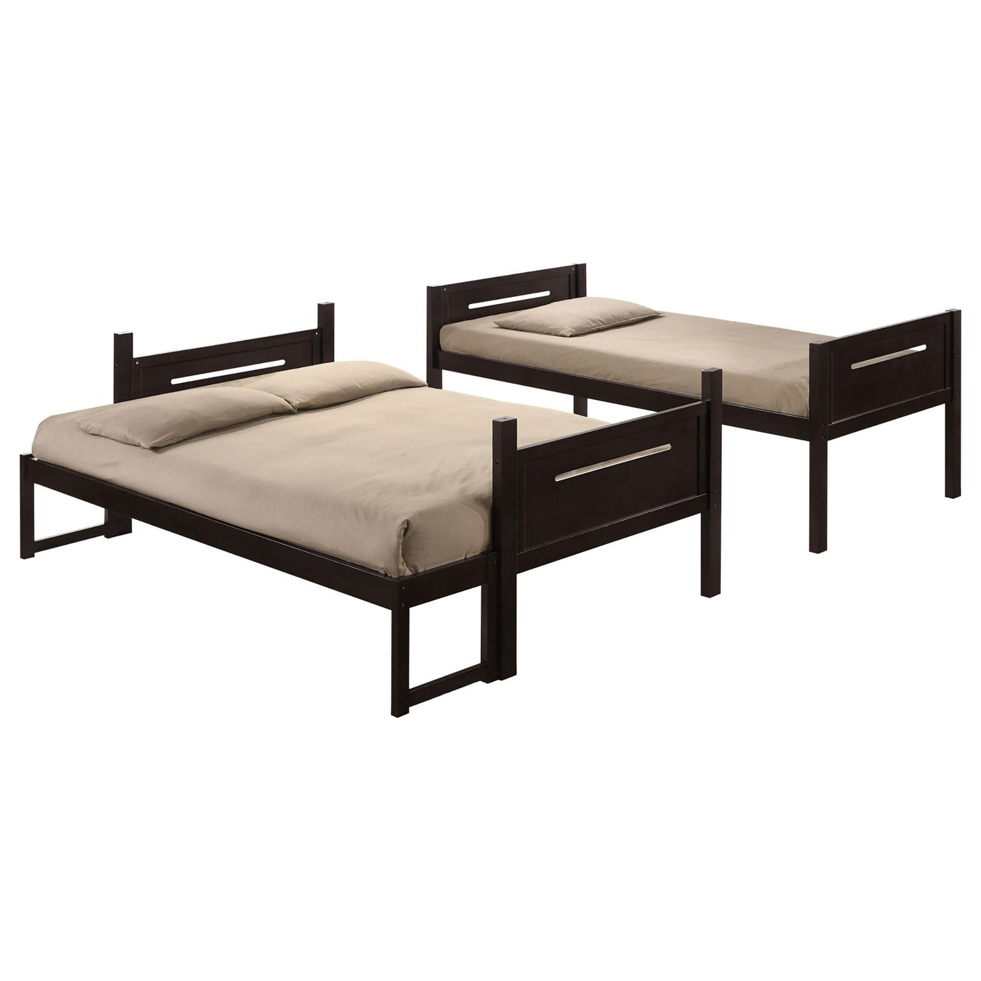 Espresso Twin Full Bunk Bed With Built In Ladder Brown Wood Espresso Bedroom Transitional Rubberwood Bunk Wood