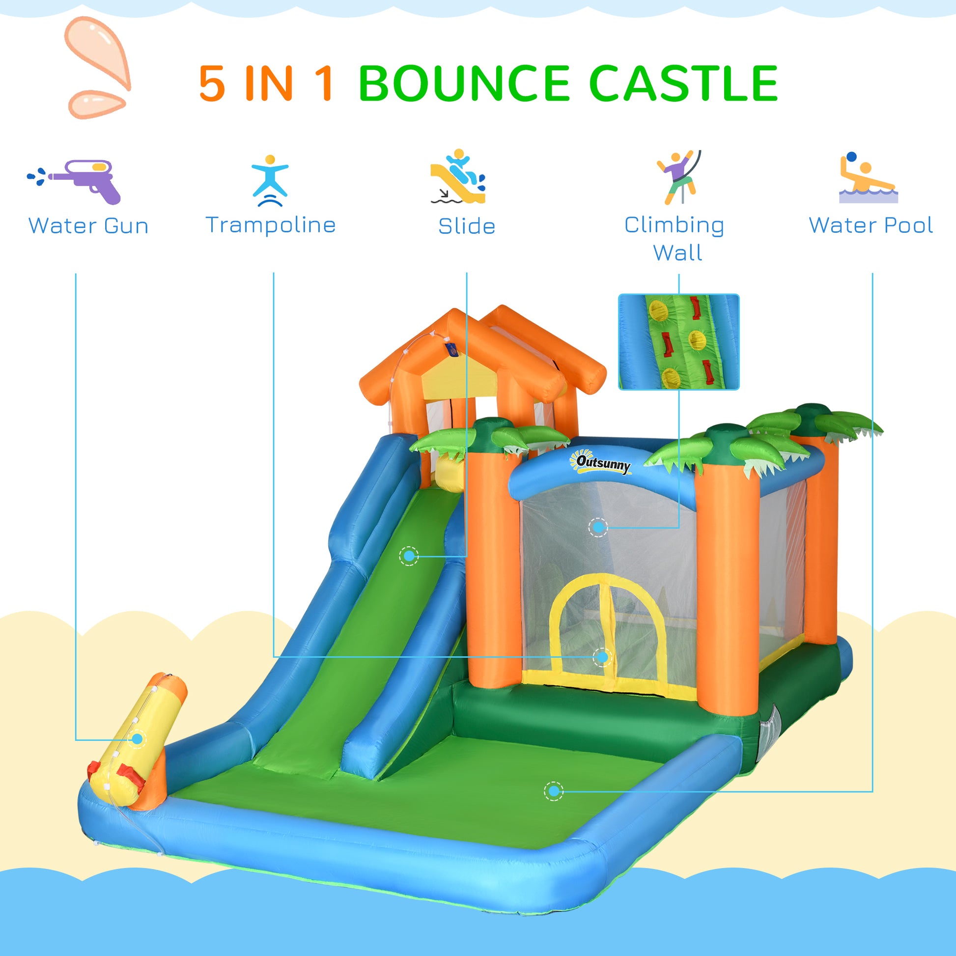 Outsunny 6 In 1 Tropical Inflatable Water Slide Summer Theme Jumping Castle Includes Floating Ball Slide Trampoline Pool Cannon Climbing Wall With Carry Bag, Repair Patches And 450W Air Blower Multicolor Fabric