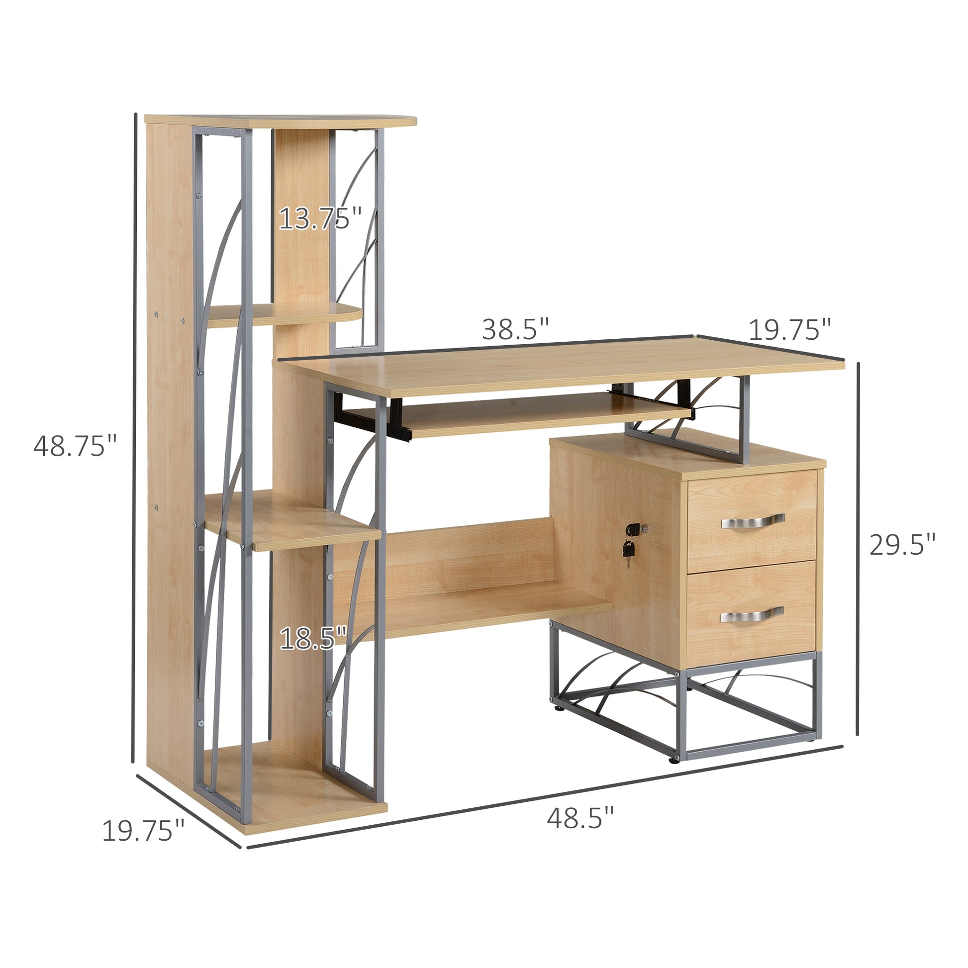 Homcom Modern Computer Desk With 4 Tier Bookshelf, Home Office Writing Table Workstation With Tower Storage Shelves Keyboard Tray & Lockable Drawers, Natural Natural Particle Board