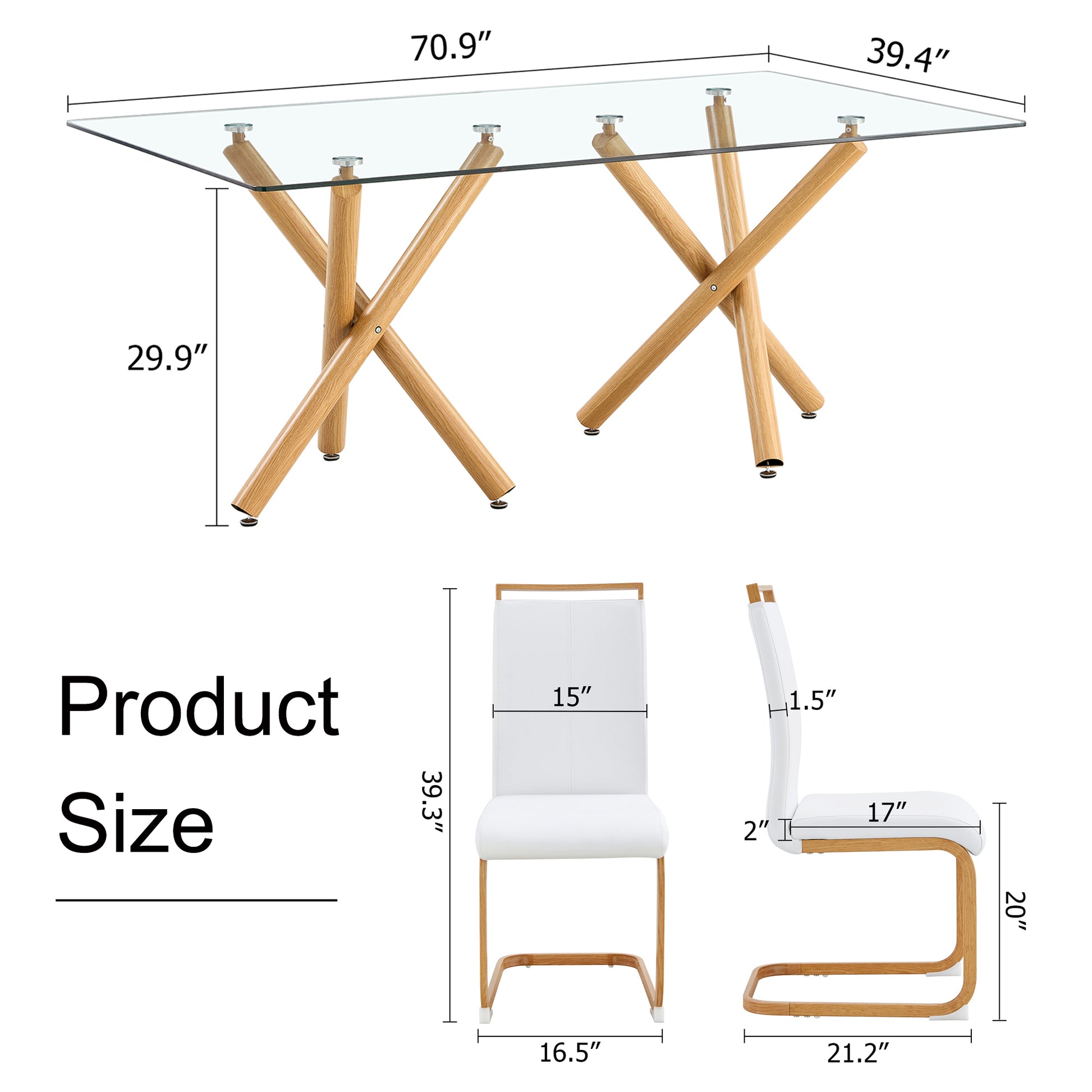 1 Table And 6 Chairs. Glass Dining Table With 0.39 "Tempered Glass Tabletop And Wooden Metal Legs. White Pu Leather High Backrest Soft Padded Side Chair With C Shaped Tube Chrome Metal Leg Transparent Glass