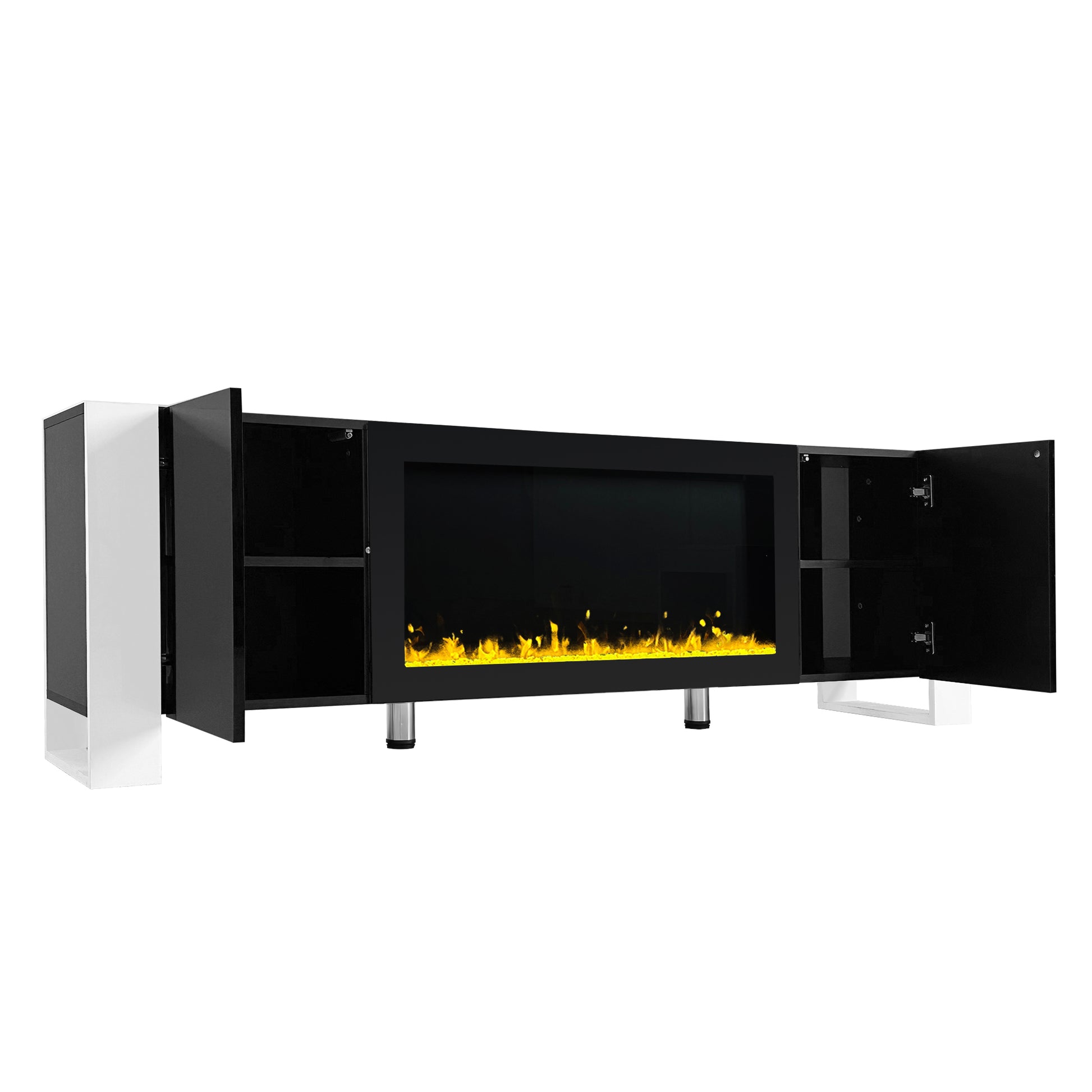 Modern Tv Stand With 34.2" Non Heating Electric Fireplace, High Gloss Entertainment Center With 2 Cabinets, Media Console For Tvs Up To 78", Black Black Primary Living Space 70 79 Inches 70 79 Inches Modern Mdf