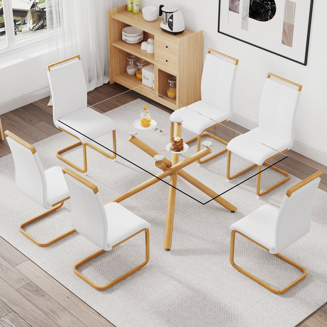 1 Table With 6 Chairs. Glass Dining Table With 0.39 "Tempered Glass Tabletop And Wooden Metal Legs. Pu Leather High Backrest Cushioned Side Chair With C Shaped Chrome Metal Legs. Transparent Glass