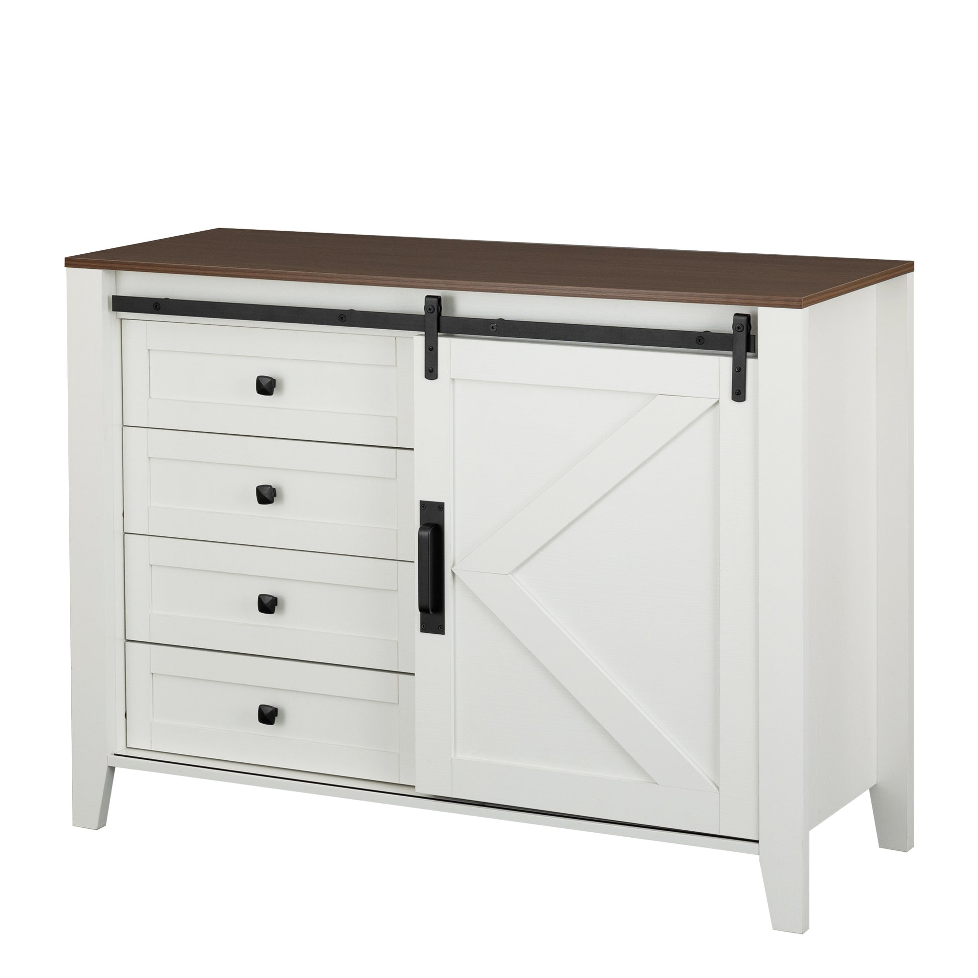 Drawer Dresser Cabinet,Sideboard,Bar Cabinet,Buffet Server Console,Table Storge Cabinets,Slide The Barn Door,Four Drawers,Metal Handle,For Dining Room,Living Room,Bedroom,Kitchen Hallway,Brown White 3 4 Drawers Barn Door Brown Antique White Sliding Doors