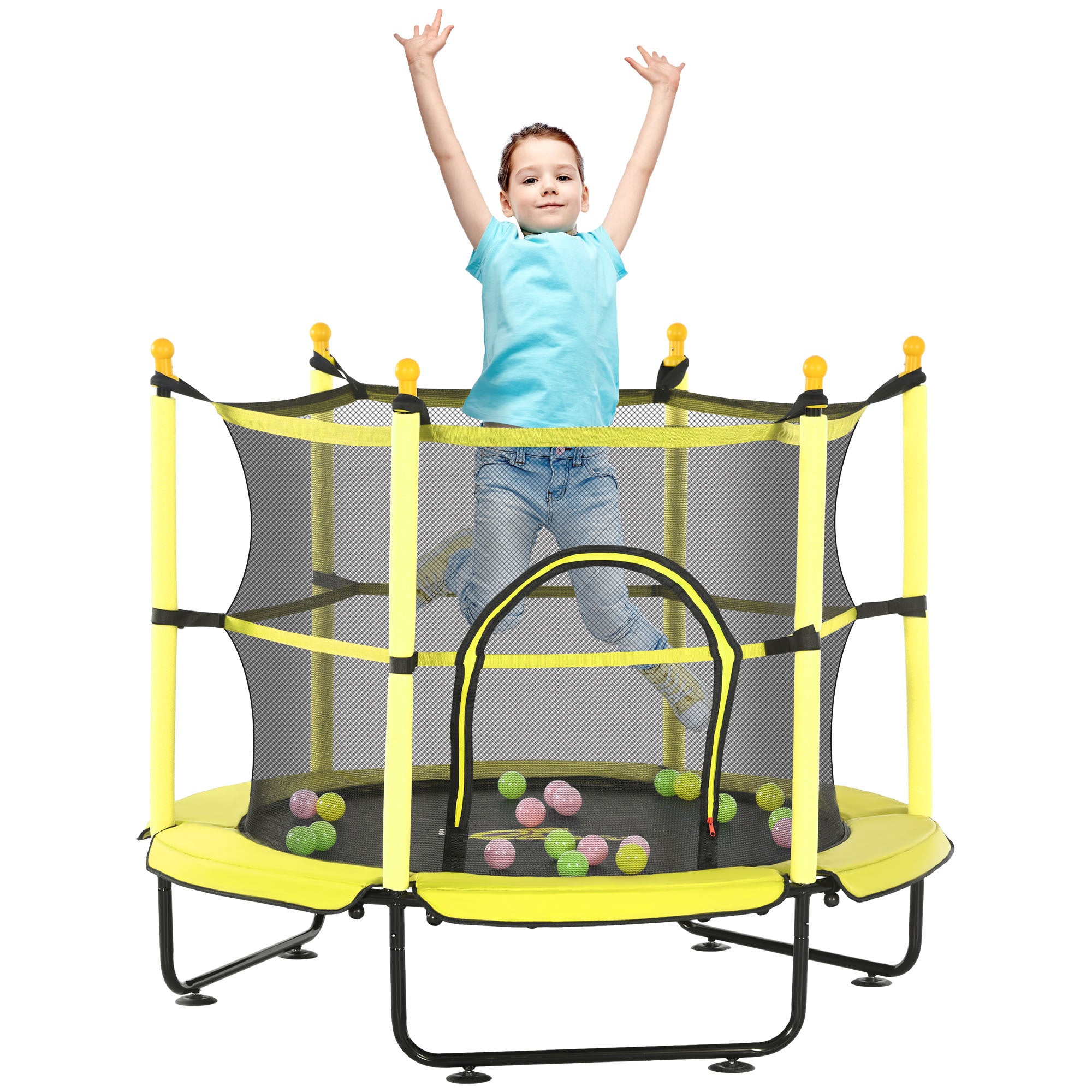 Qaba 4.6' Trampoline For Kids, 55 Inch Toddler Trampoline With Safety Enclosure & Ball Pit For Indoor Or Outdoor Use, Built For Kids 3 10 Years, Yellow Yellow Steel