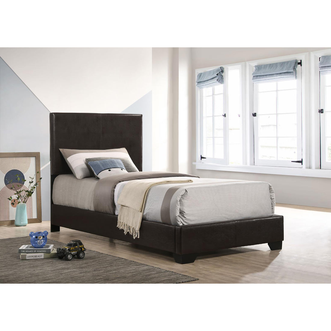 Dark Brown Twin Panel Bed Box Spring Required Twin Brown Wood Brown Bedroom Transitional Rubberwood Panel Faux Leather Upholstered