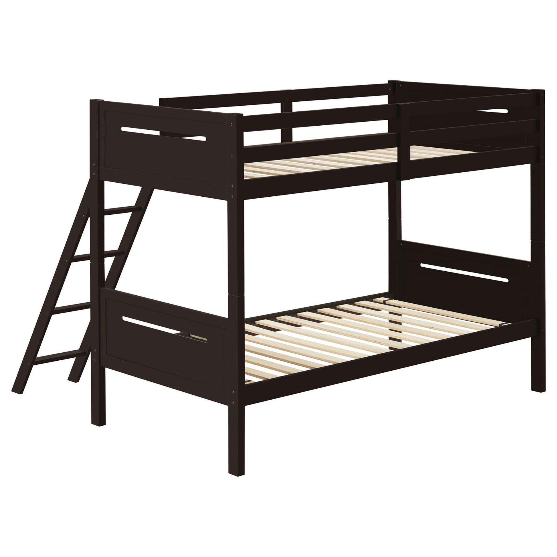 Espresso Twin Twin Bunk Bed With Built In Ladder Twin Brown Wood Espresso Bedroom Transitional Rubberwood Bunk Wood