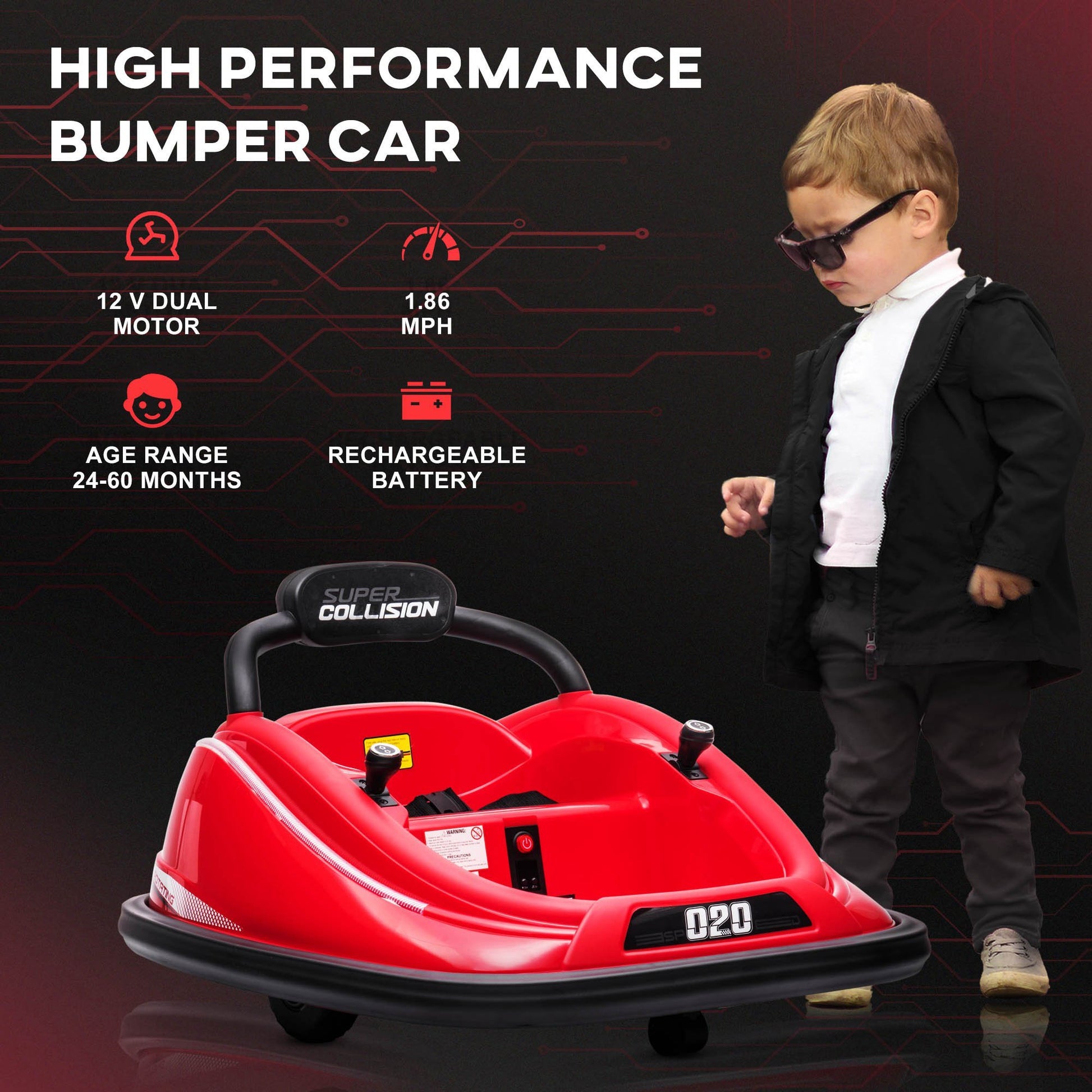 Aosom 12V Toddler Bumper Car With Remote Control, 360 Rotation Kids Electric Ride On Toy, Twins Motor, Colorful Led Lights, 3 Songs, For Boys And Girls, Red Red Steel