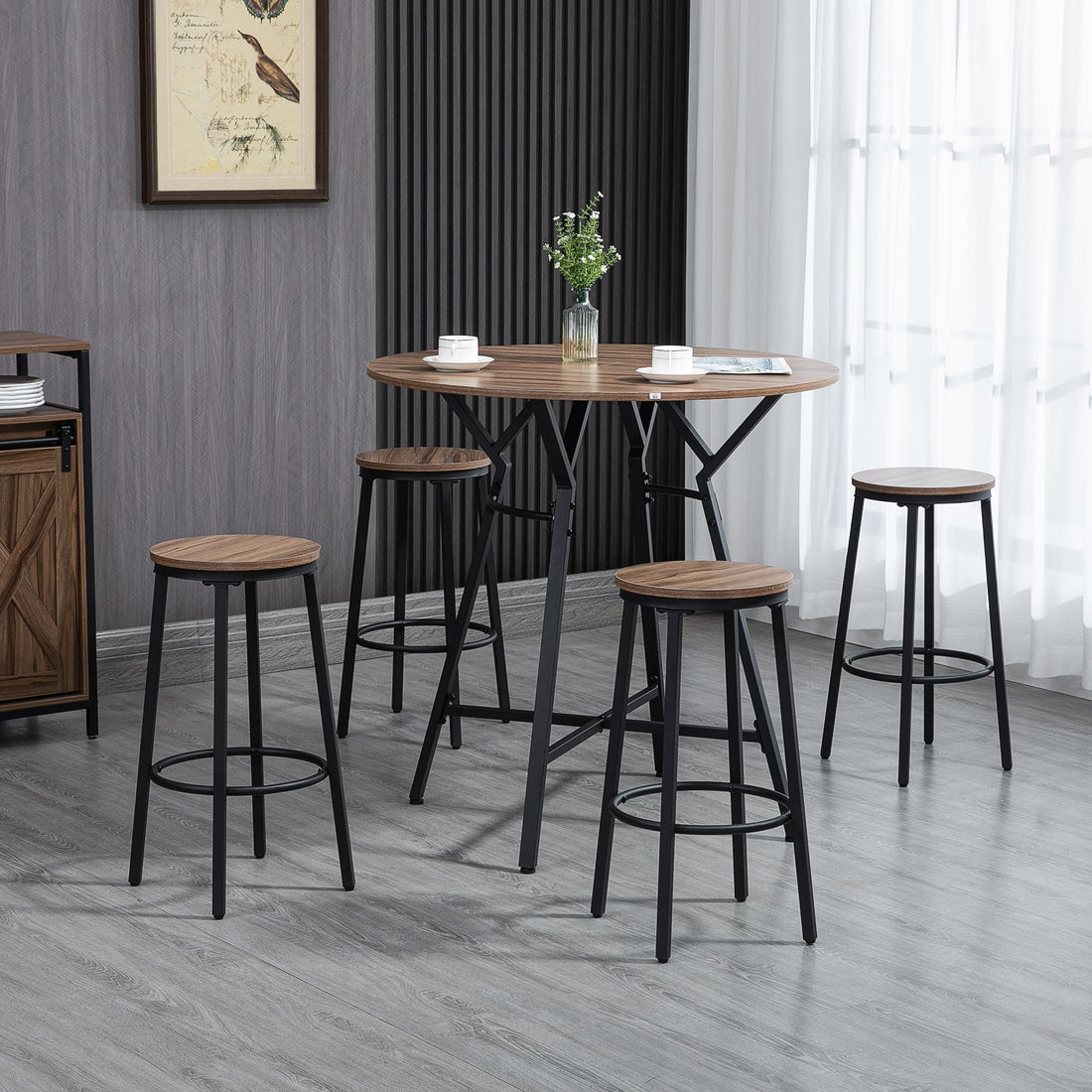 Homcom Industrial 5 Piece Bar Table And Chairs Set, Space Saving Dining Table With 4 Stools For Pub And Kitchen, Black & Brown Brown Particle Board