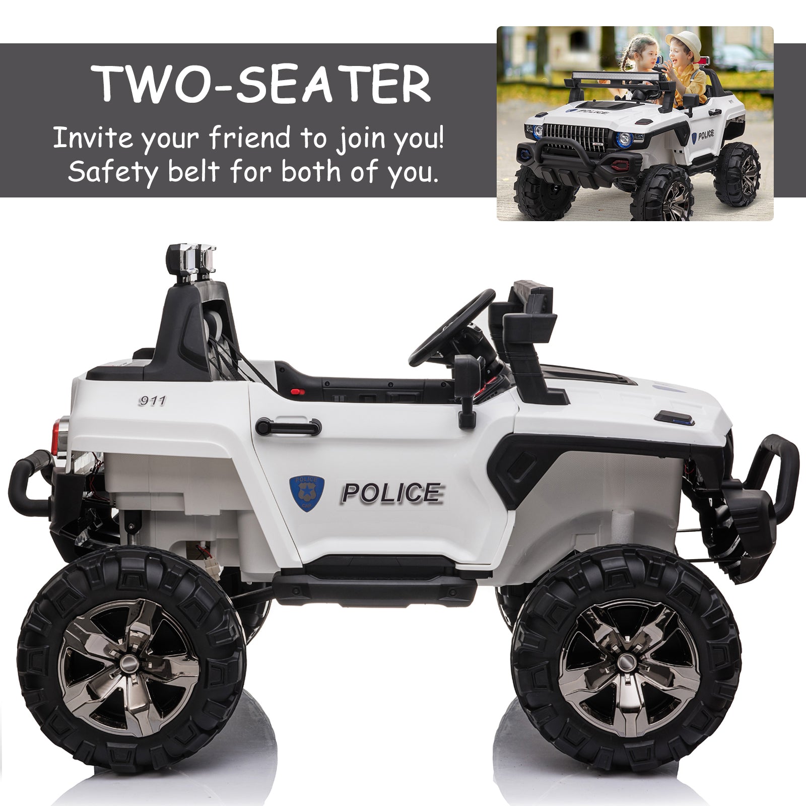 Aosom Big Size 53"L 2 Seater 12V Police Car Ride On Truck With Remote Control And Siren, Battery Operated Electric Car For Kids With Suspension, Mp3 Player, Lights, Music, Horn, White White Steel