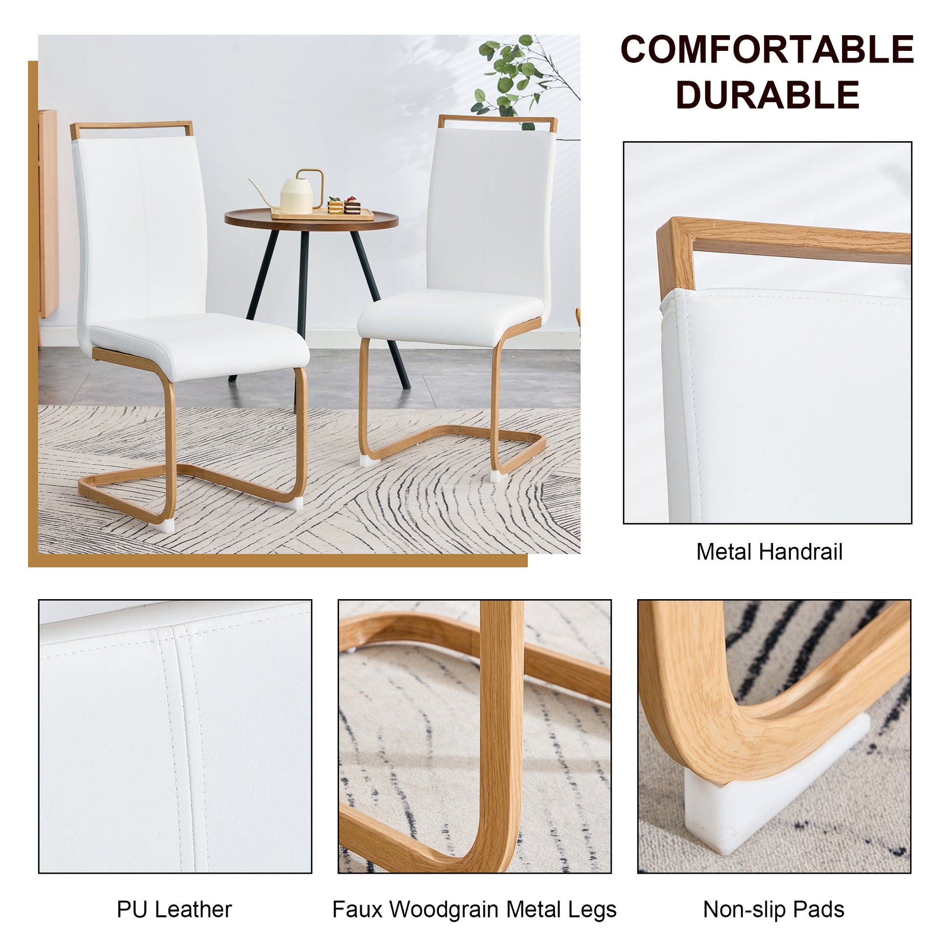 1 Table And 6 Chairs. Glass Dining Table With 0.39 "Tempered Glass Tabletop And Wooden Metal Legs. White Pu Leather High Backrest Soft Padded Side Chair With C Shaped Tube Chrome Metal Leg Transparent Glass