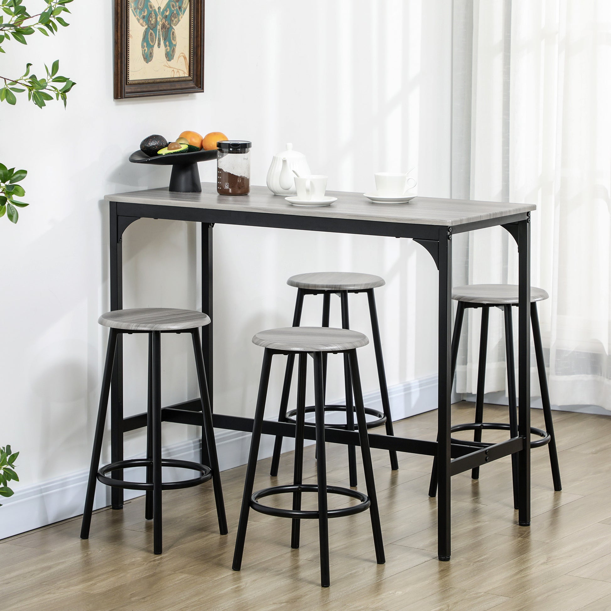 Homcom 5 Piece Counter Height Bar Table Set, Rustic 43.25" Dining Table With 4 Bar Stools, Kitchen Table With Wooden Top For Pub, Dining Room, Gray Gray Mdf