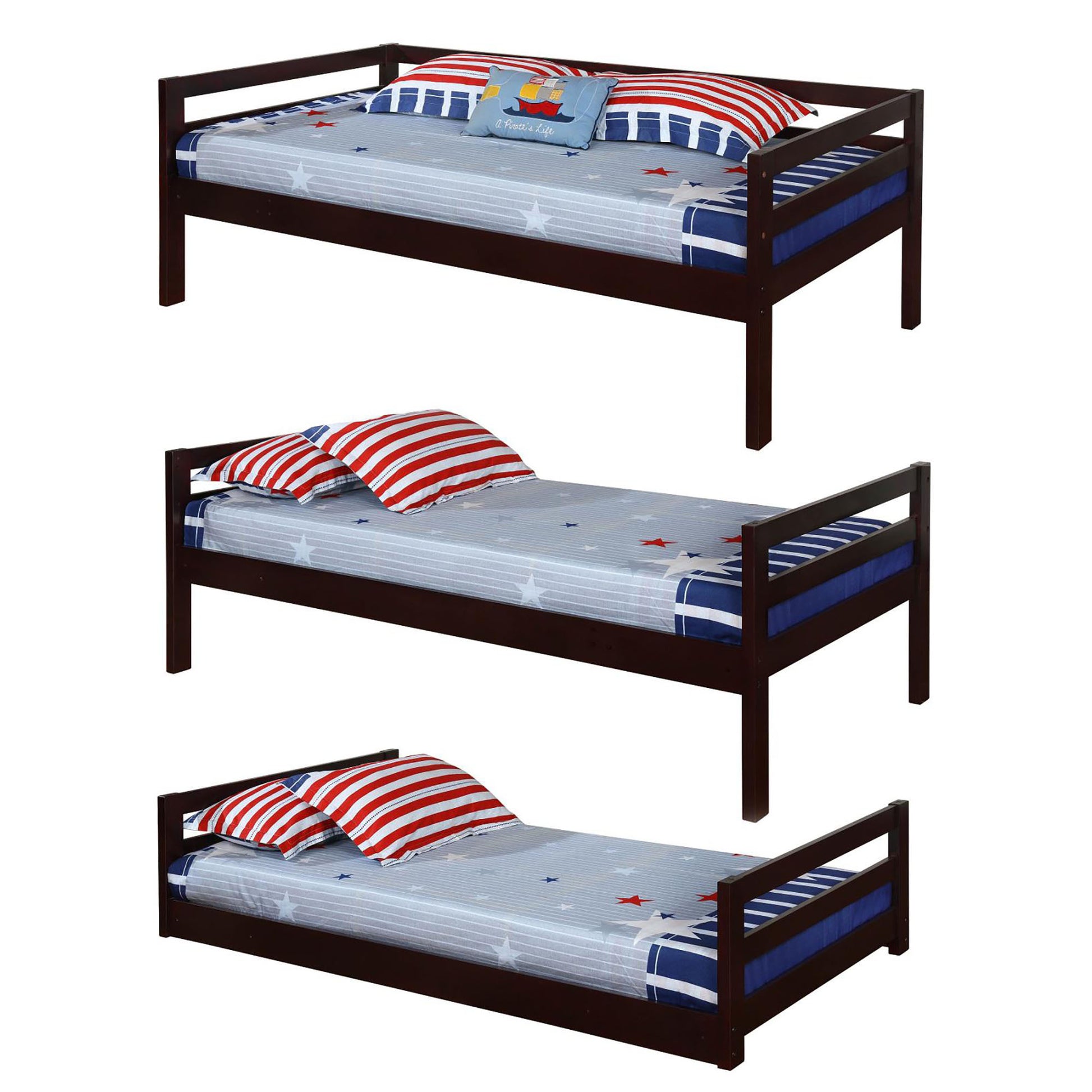 Cappuccino Triple Twin Bunk Bed Twin Brown Wood Bedroom Transitional Pine Bunk Wood