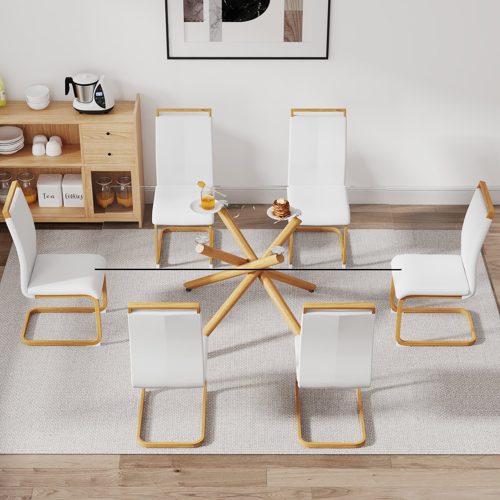 1 Table With 6 Chairs. Glass Dining Table With 0.39 "Tempered Glass Tabletop And Wooden Metal Legs. Pu Leather High Backrest Cushioned Side Chair With C Shaped Chrome Metal Legs. Transparent Glass