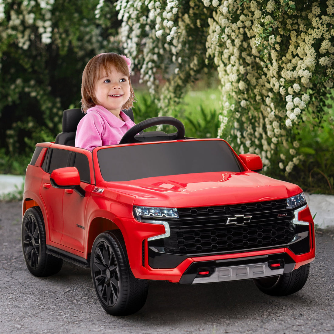 Aosom Chevrolet Tahoe Licensed Kids Ride On Car, 12V Battery Powered Kids Electric Car With Remote Control, Music, Lights, Horn, Suspension For 3 6 Years Old, Red Red Steel