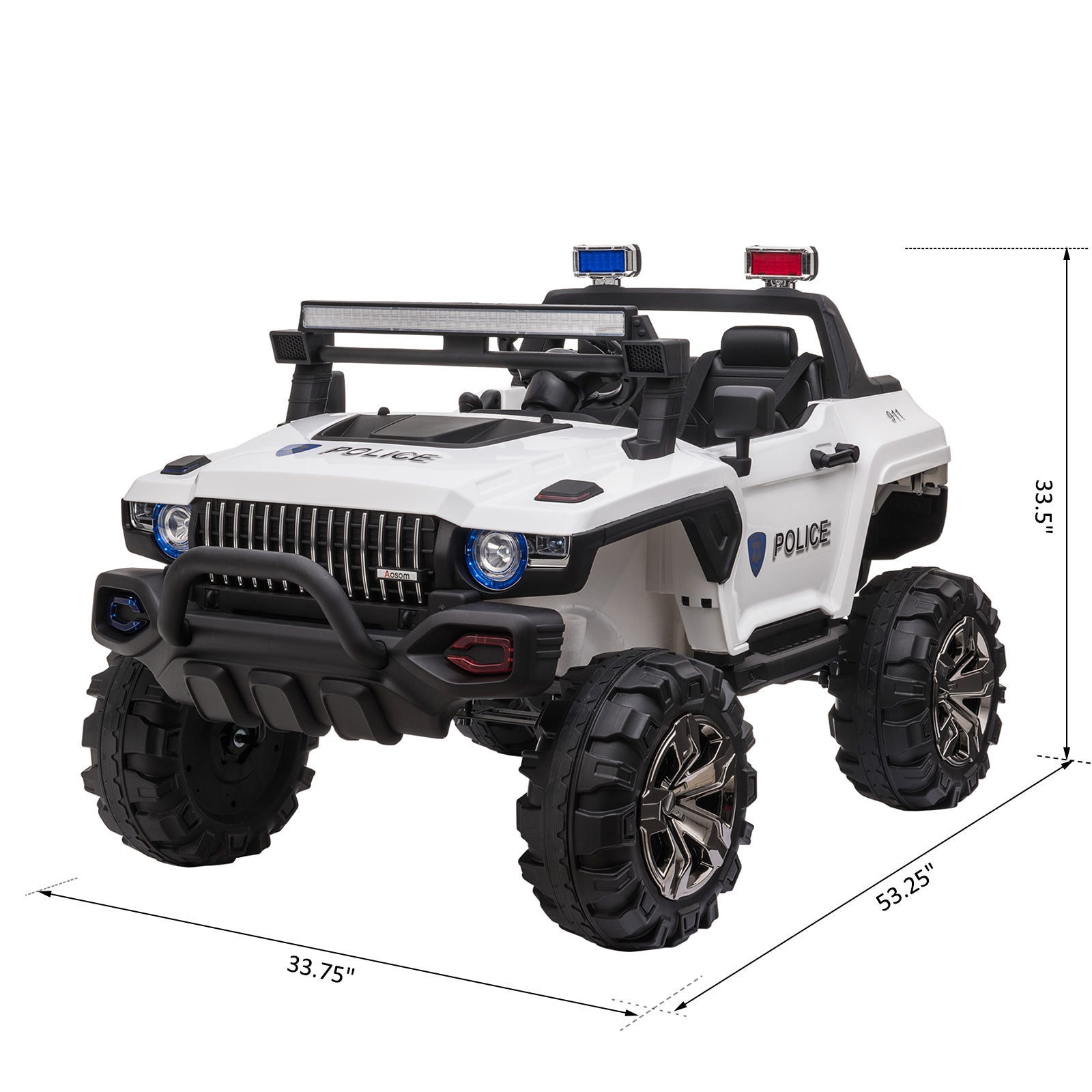 Aosom Big Size 53"L 2 Seater 12V Police Car Ride On Truck With Remote Control And Siren, Battery Operated Electric Car For Kids With Suspension, Mp3 Player, Lights, Music, Horn, White White Steel